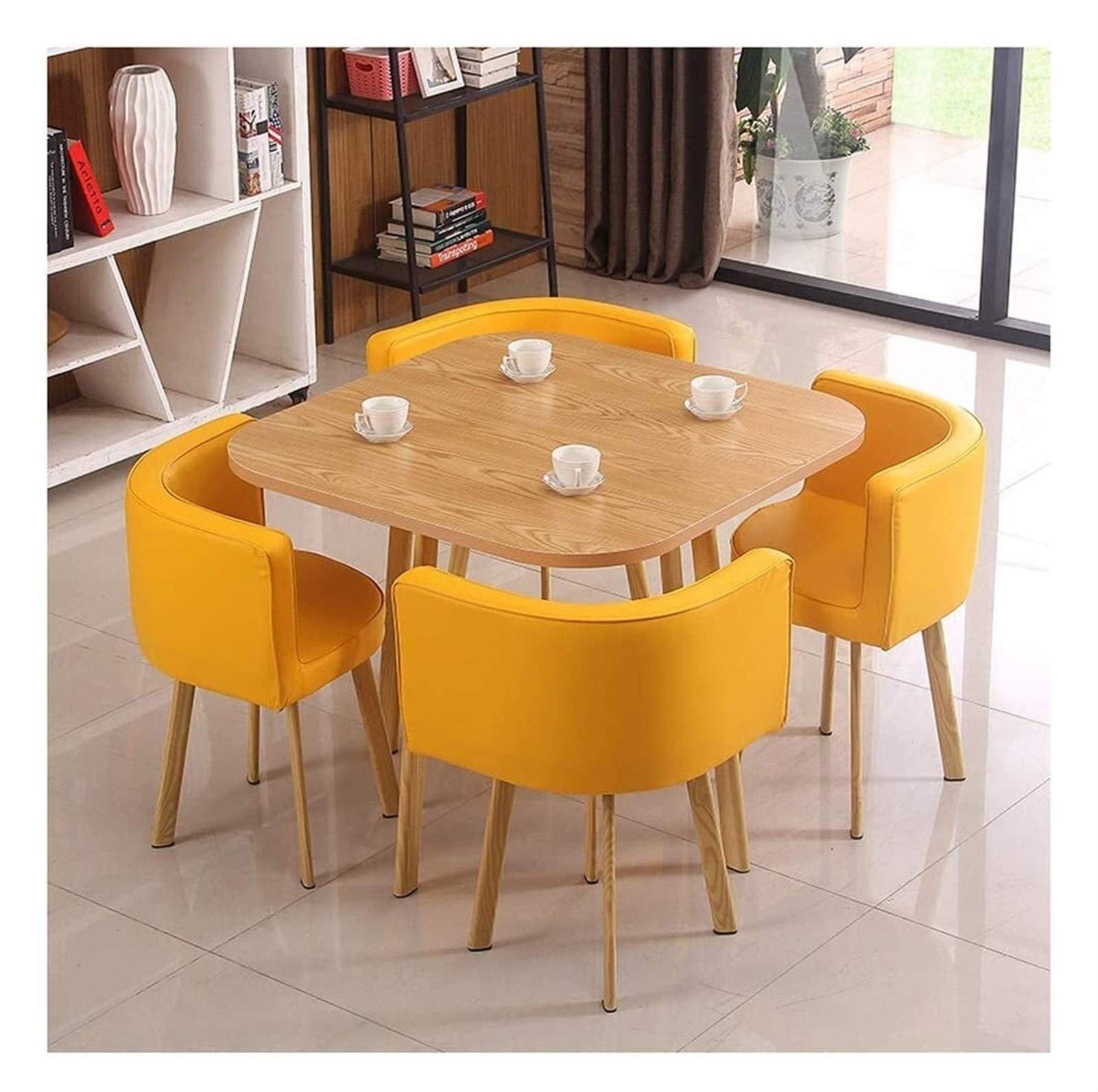 Modern Nordic Round Office Conference Table and 4 Chairs Set - Yellow Reception Desk with Matching Chairs for Small Meetings, Coffee Breaks & Office Spaces