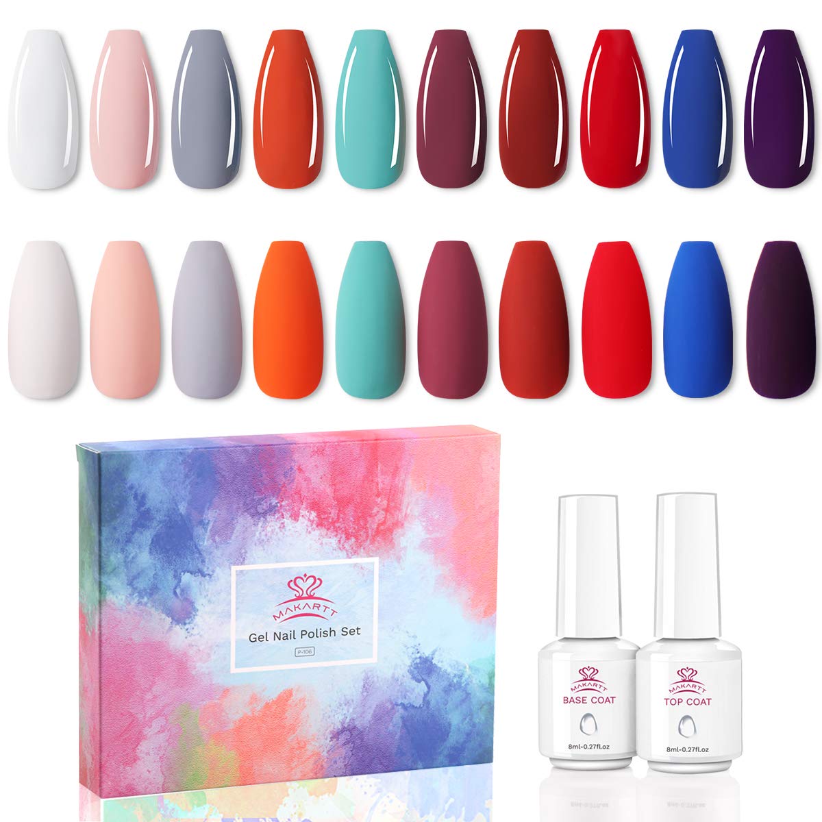 Makartt Professional Nail Gel Polish Kit - 12 Bottles (8ml Each) with Base & Top Coat | Fall/Winter Colors (Red, White, Green, Purple) | Long-Lasting Salon-Quality Manicure for Home & Professional Use | Perfect for Holidays, Parties & Everyday Wear