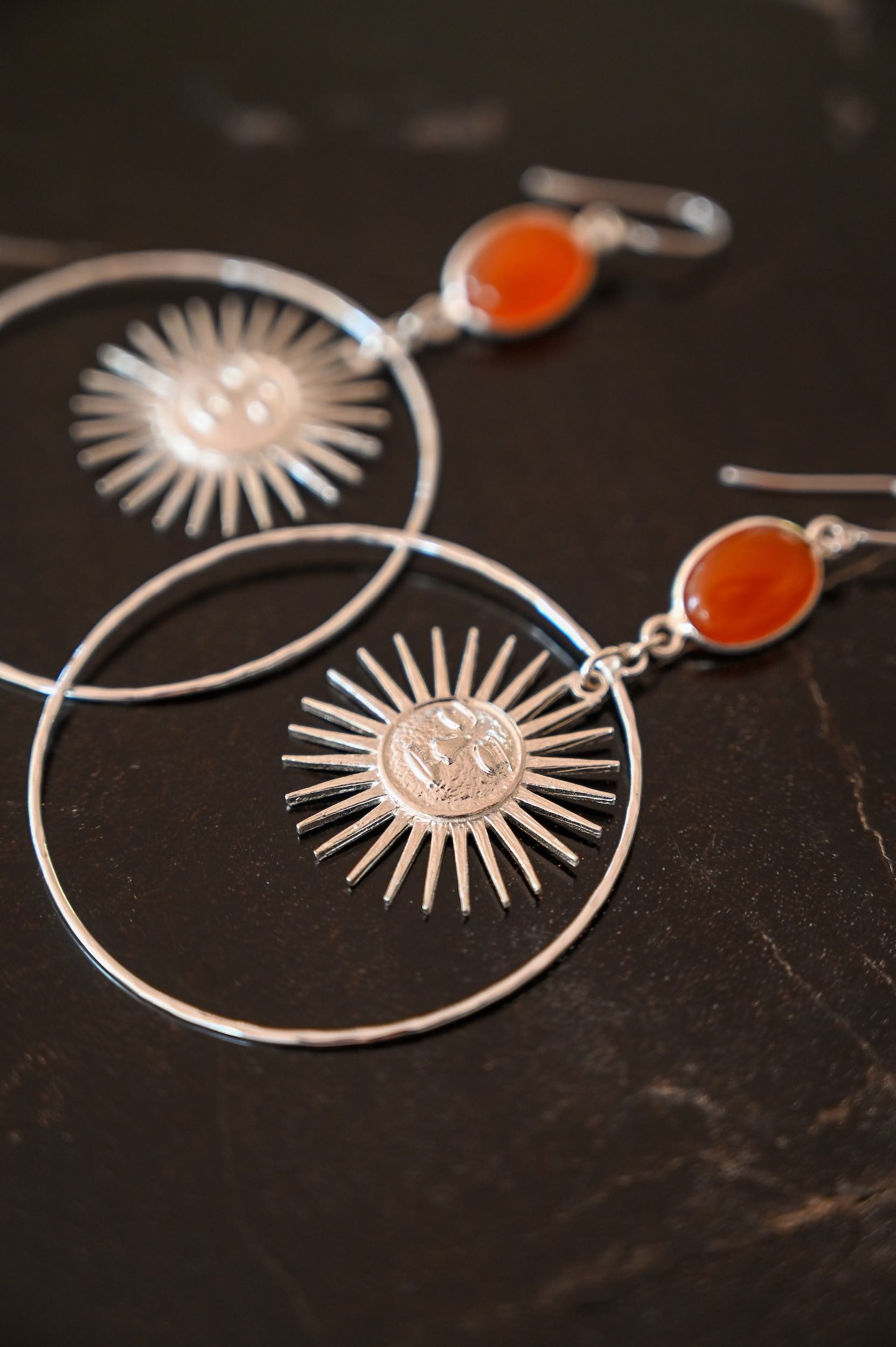 Soul on Fire Carnelian Silver Sun Hoops - Elegant Boho Dangle Earrings for Women, Handmade Gemstone Jewelry | Perfect for Festivals, Parties & Everyday Wear