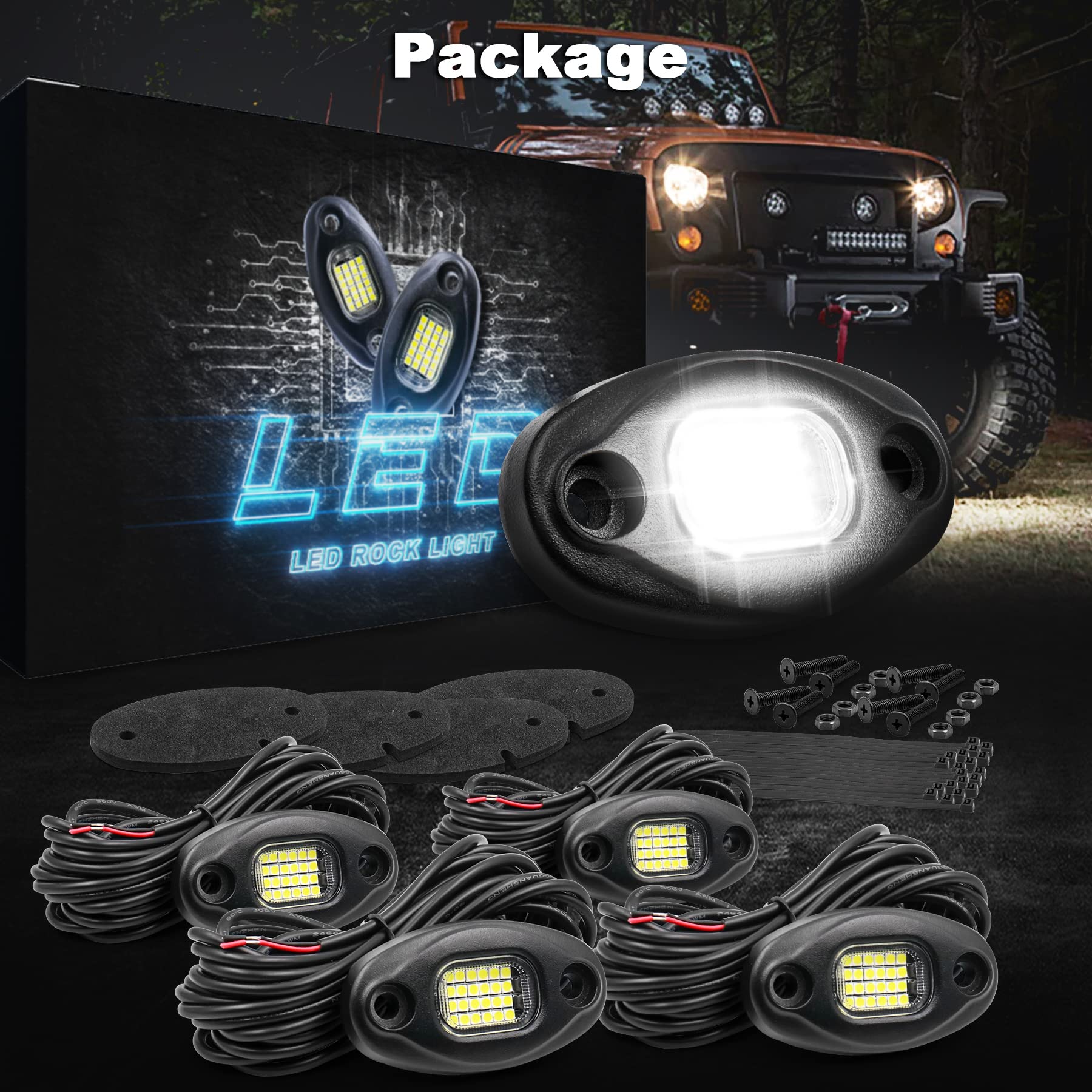 4PCS ALIGZ White Rock Lights with 15FT Wiring Harness - Waterproof LED Underglow Lights for Trucks, UTV, ATV, RZR - Off-Road Vehicle Accent Lighting for Night Driving & Custom Car Styling - Enhance Safety & Visibility for Off-Roading, Night Cruising & Vehicle Customization - Perfect for Trail Rides, Mudding, Camping & Outdoor Adventures - Ideal for Jeep, Truck & Off-Road Enthusiasts - Great for Car Shows, Nighttime Safety & Off-Road Exploration