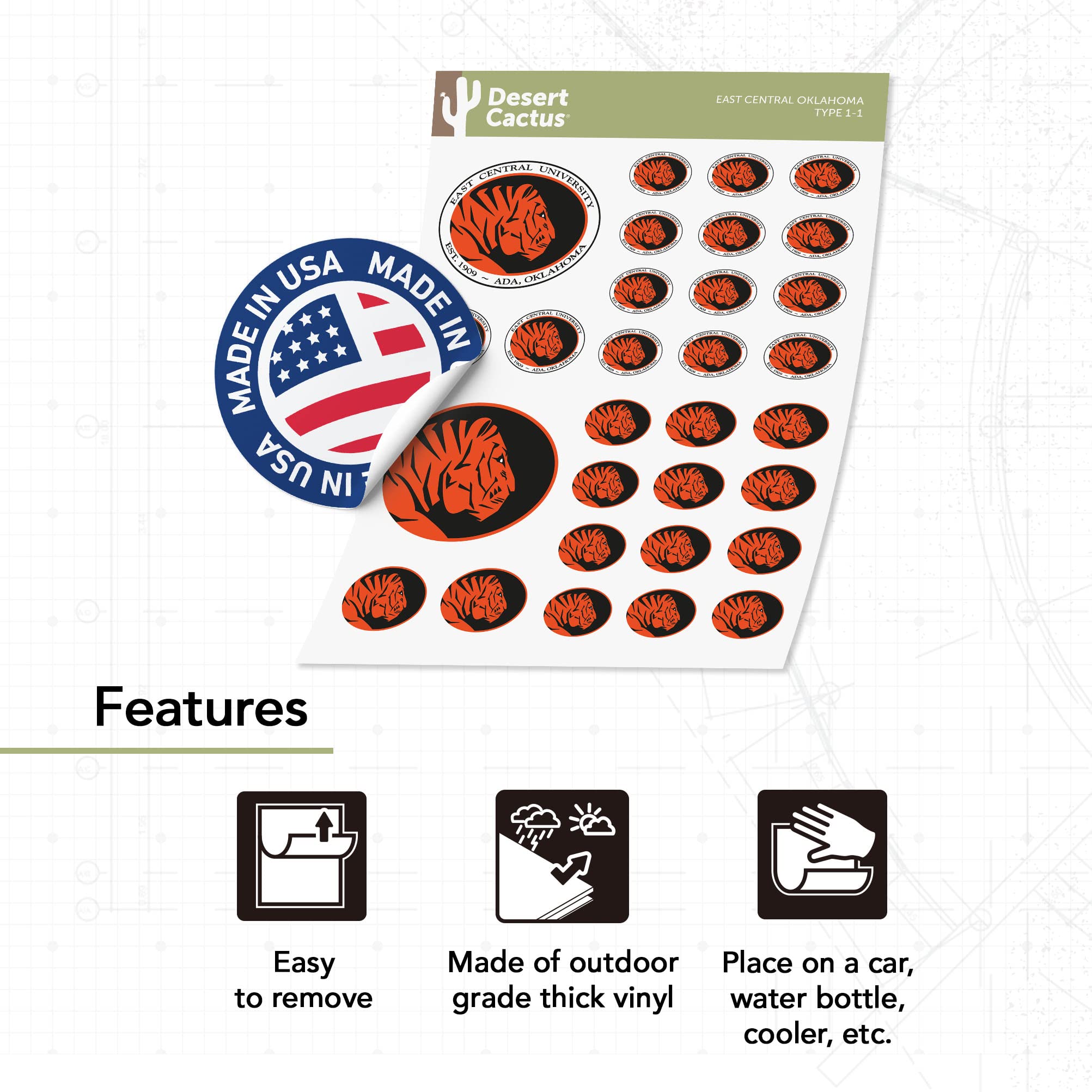 Desert Cactus East Central University Sticker - ECOK Tigers Vinyl Decals for Laptop, Water Bottle, Car & Scrapbook - Durable Waterproof Decal - Perfect for School Spirit, Gifts & DIY Crafts (Type 1-1)