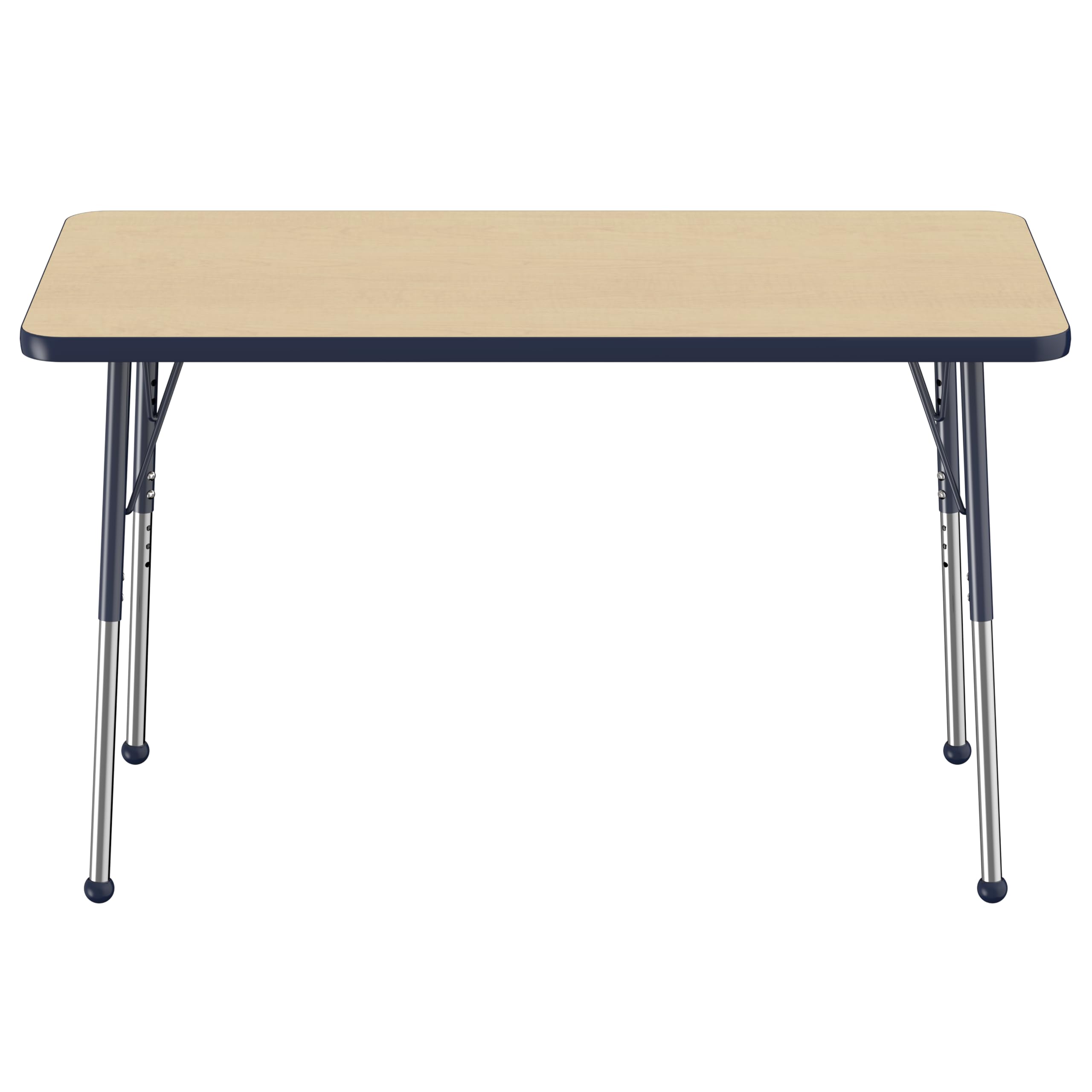 Adjustable Height Rectangle Activity Table 24x48 Inch - Maple Top with Navy Edge, School & Office Desk with Standard Legs & Ball Glides (19-30