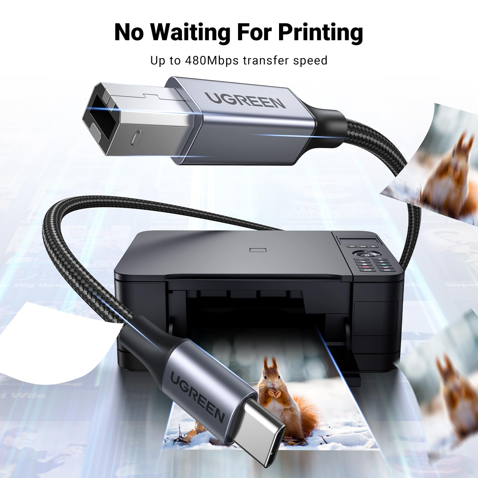 UGREEN USB B to USB C Printer Cable 5M - 2.0 Braided Data Cable for HP/Epson/Canon Printers & Scanners - Compatible with MacBook Pro, iMac, XPS, Acer, ASUS Laptops - Fast Charging & Data Transfer for Home & Office Use