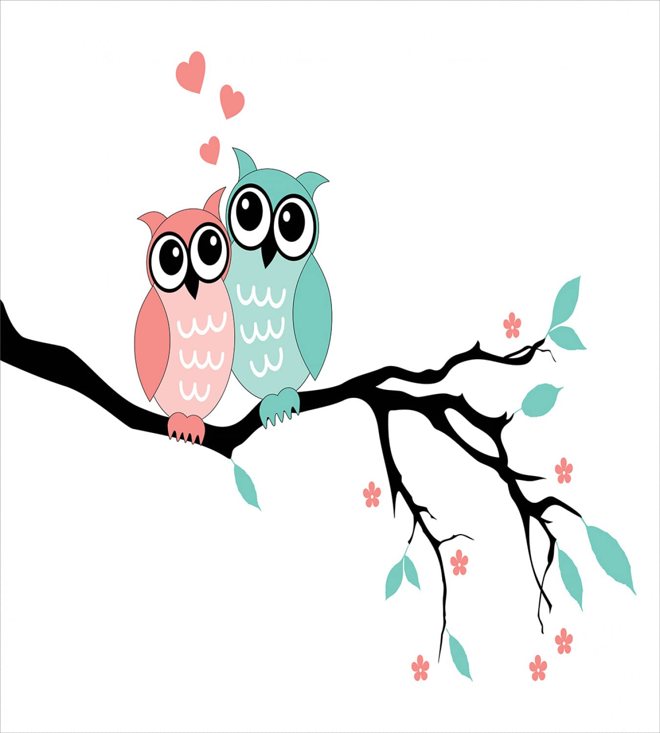Ambesonne Teal and White Owl Couple Duvet Cover Set - Queen Size 2-Pack with 2 Duvet Covers & 4 Pillowcases, Romantic Valentines Bedding in Turquoise Coral Black - Perfect for Couples Bedroom, Guest Room & Valentine's Day Gift