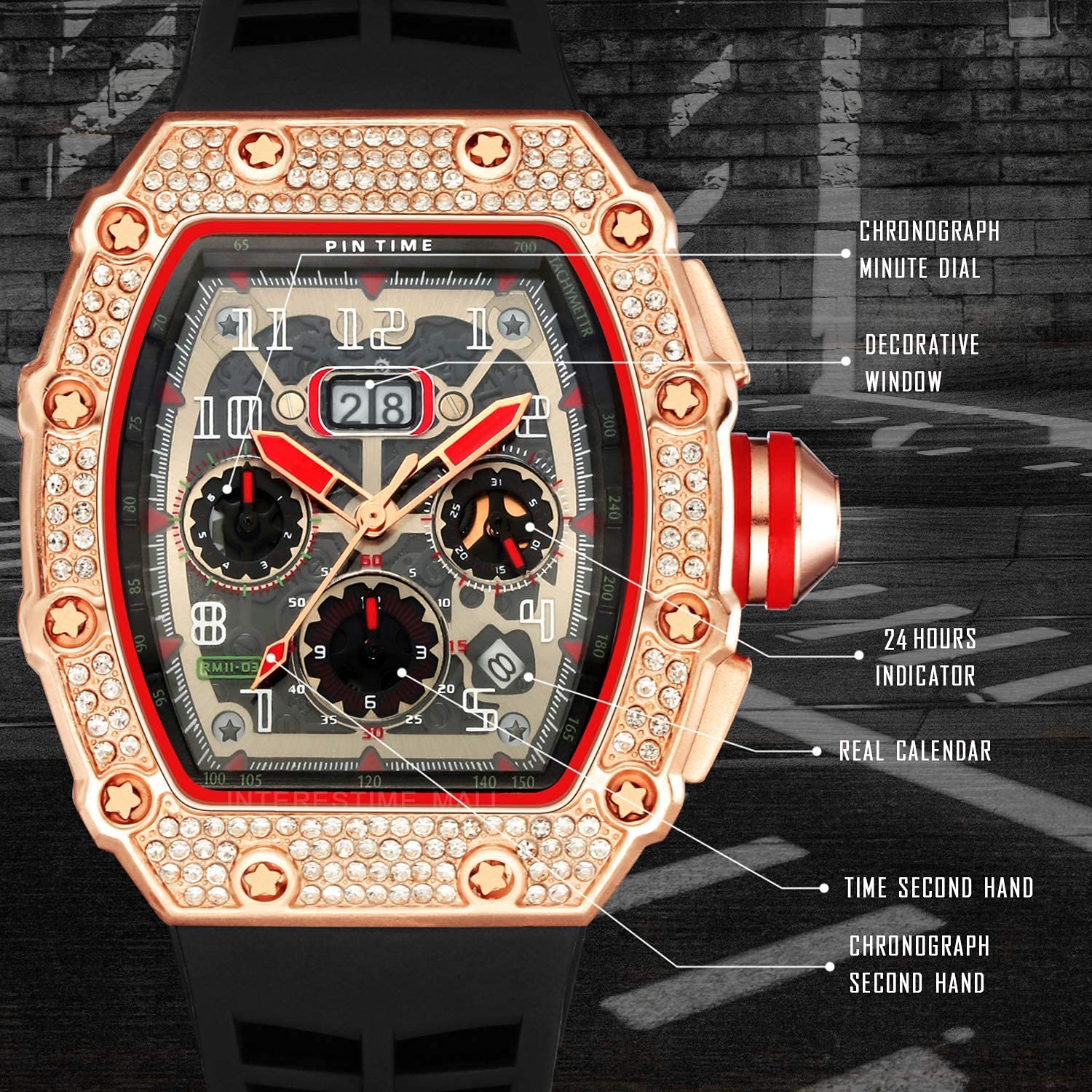 Luxury Gosasa Men's Diamond Tonneau Watch - Analog Chronograph with Date Calendar, Large Rectangle Face & Silicone Strap - Perfect for Business, Dress & Work Attire | Elegant Wristwatch for Formal Events & Professional Settings