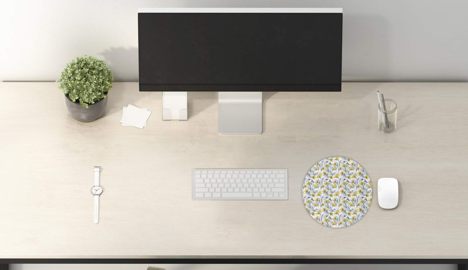 Ambesonne Floral Mouse Pad - Realistic Lily Blossom & Abstract Leaves Design, Non-Slip Thick Rubber Gaming Mousepad, 8 Inch Round Computer Accessory for Home & Office Use
