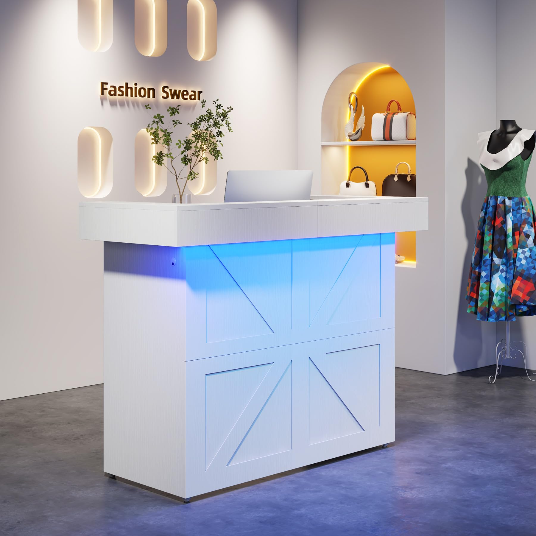 Tribesigns 55-Inch Modern Reception Desk with Built-In LED Light & Cable Grommets - White Office Lobby Counter Table for Salon, Retail Store, Hotel & Business Reception Area - Perfect for Professional Workspaces & Customer Service Areas