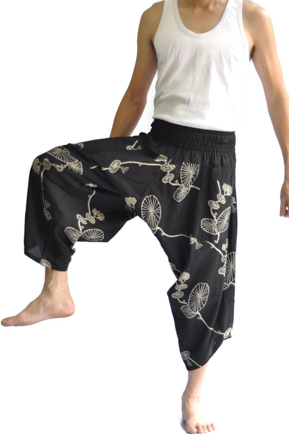 Thai Pants for Men - Japanese Style Elastic Waist Loose Fit Pants (Black & Red) - Perfect for Yoga, Meditation, and Casual Wear