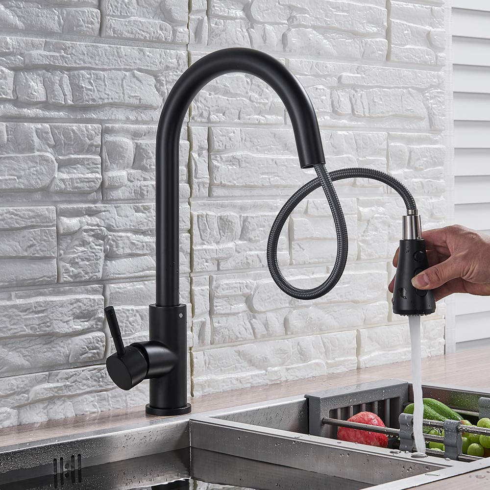Matt Black Kitchen Faucet with Pull-Out Sprayer - Single Handle Mixer Tap for Sink, 360° Swivel Spout, Hot & Cold Water Control - Perfect for Modern Kitchens & Dishwashing