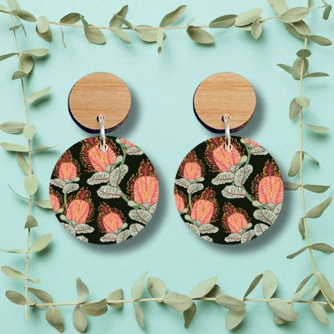 Handmade Coral Banksia Flower Wooden Earrings for Women - Boho Chic Dangle Earrings - Lightweight & Hypoallergenic - Perfect for Festivals, Weddings & Everyday Wear