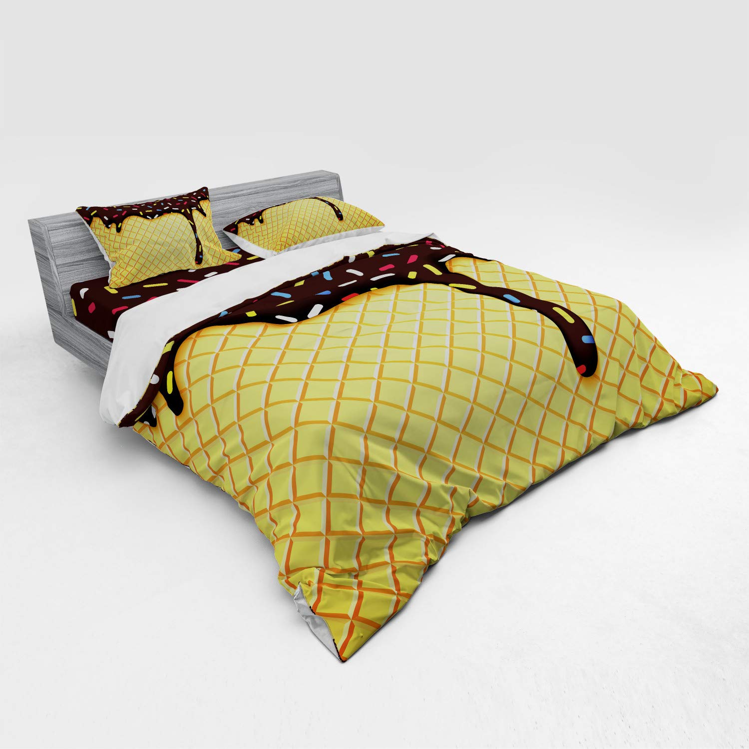 Ambesonne Ice Cream Bedding Set - 4 Piece King Size Duvet Cover with Shams & Fitted Sheet, Waffle Chocolate Dessert Print in Dark Brown Mustard | Sweet Themed Bedroom Decor for Teens & Adults