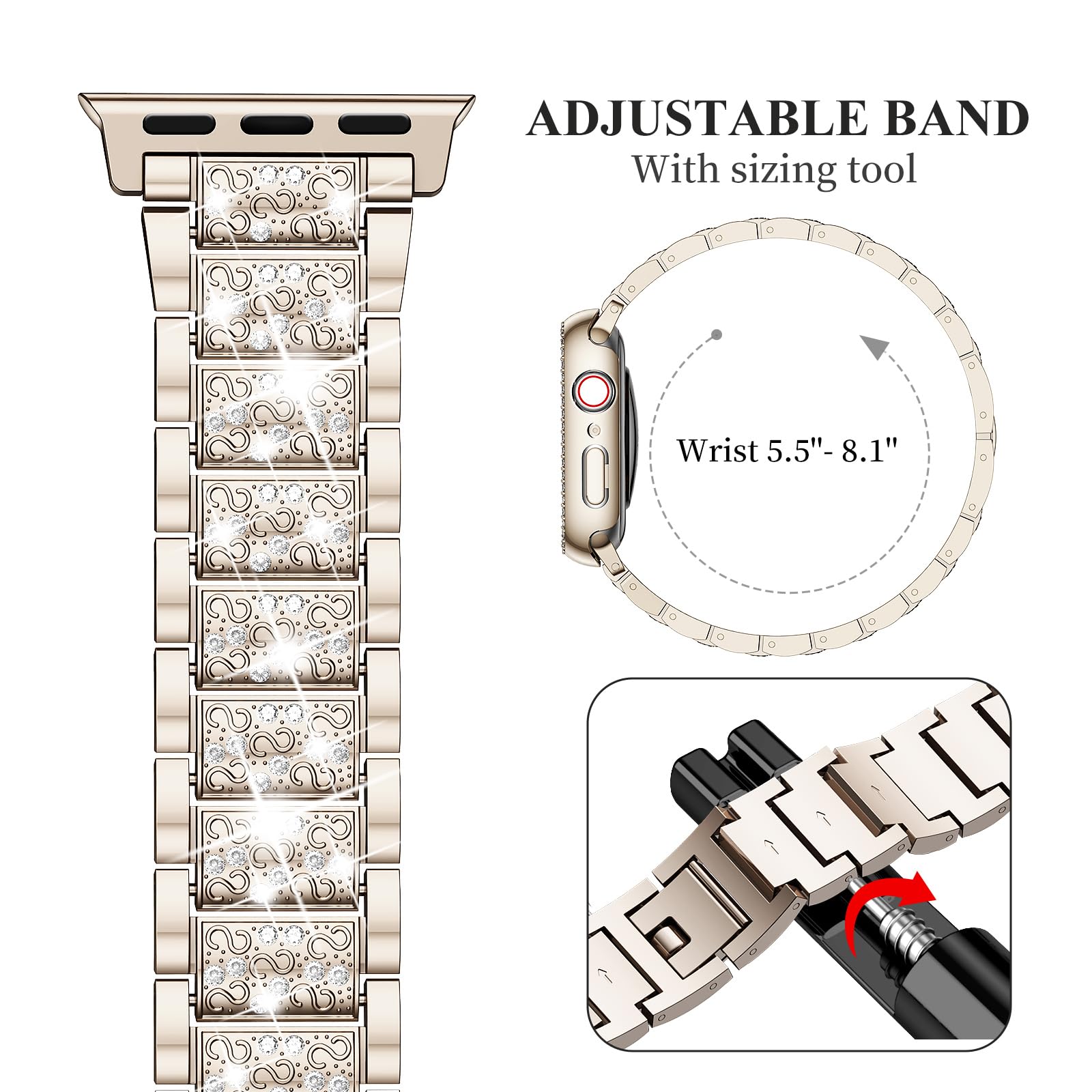 SUPOIX Luxury Bling Diamond Metal Band & 2 Pack Protective Case for Apple Watch Series 9/8/7/6/SE 41mm - Champagne Gold | Women's Fashion Jewelry Watch Accessory | Perfect for Work, Party & Everyday Wear
