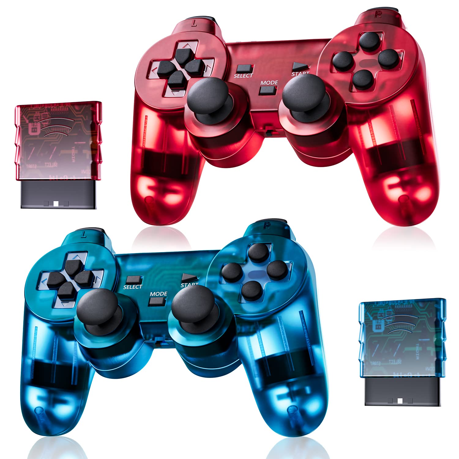 Burcica Wireless Controller for PS2 Playstation 2 - Dual Vibration Gamepad with Clear Blue & Clear Red Options - Perfect for Gaming, Retro Console Enthusiasts & Multiplayer Sessions