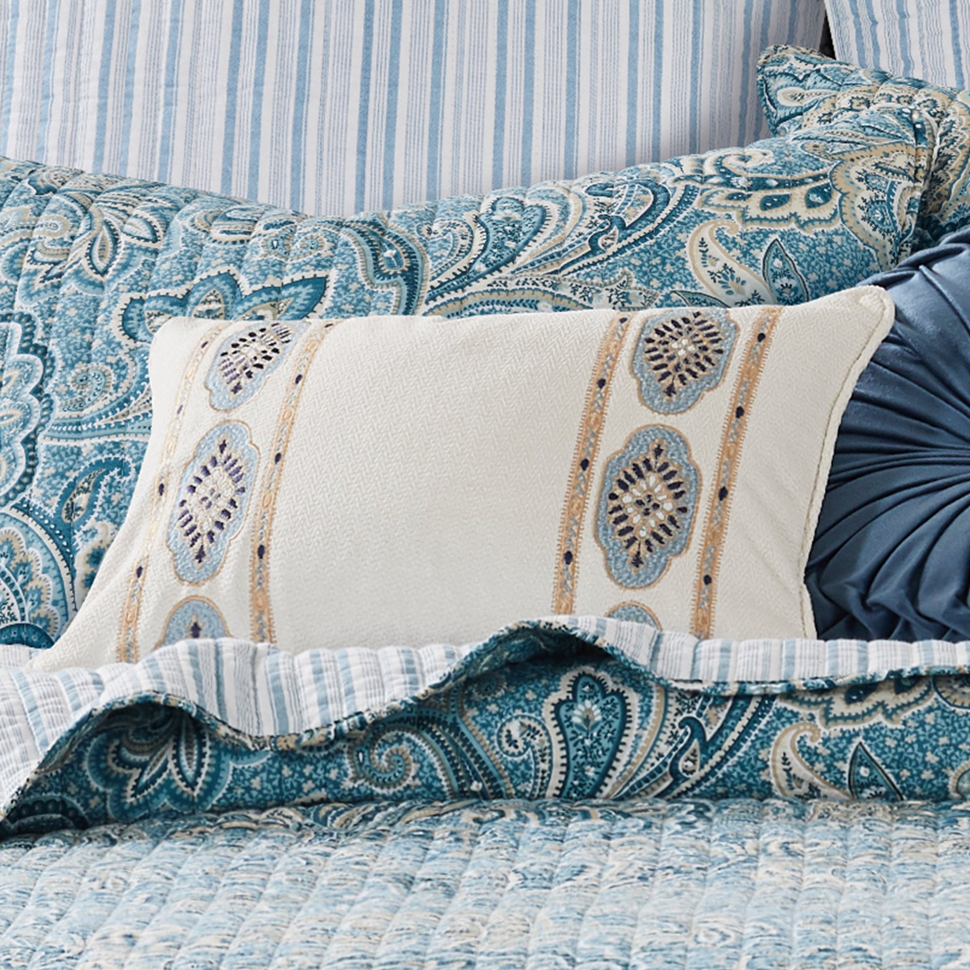 Kimpton Navy Blue Embroidered Throw Pillow Cover - Decorative Cushion for Sofa, Bed, Living Room & Home Decor