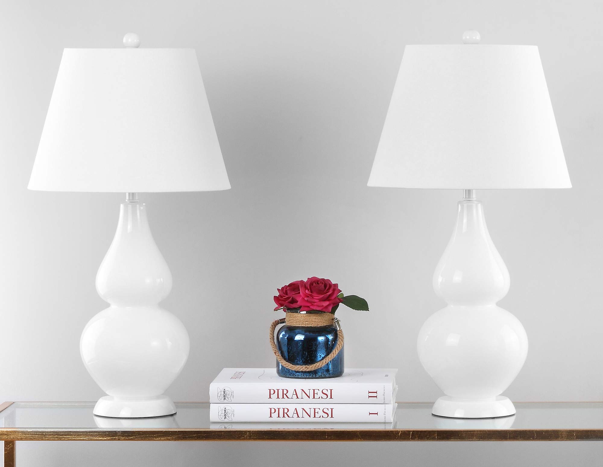SAFAVIEH Cybil Modern White Double Gourd Glass Table Lamp Set of 2 - 27 Inch LED Bedside Lamps for Bedroom, Living Room & Home Office - Contemporary Nightstand Lighting with Included LED Bulbs - Perfect for Reading, Relaxing and Creating Ambient Atmosphere