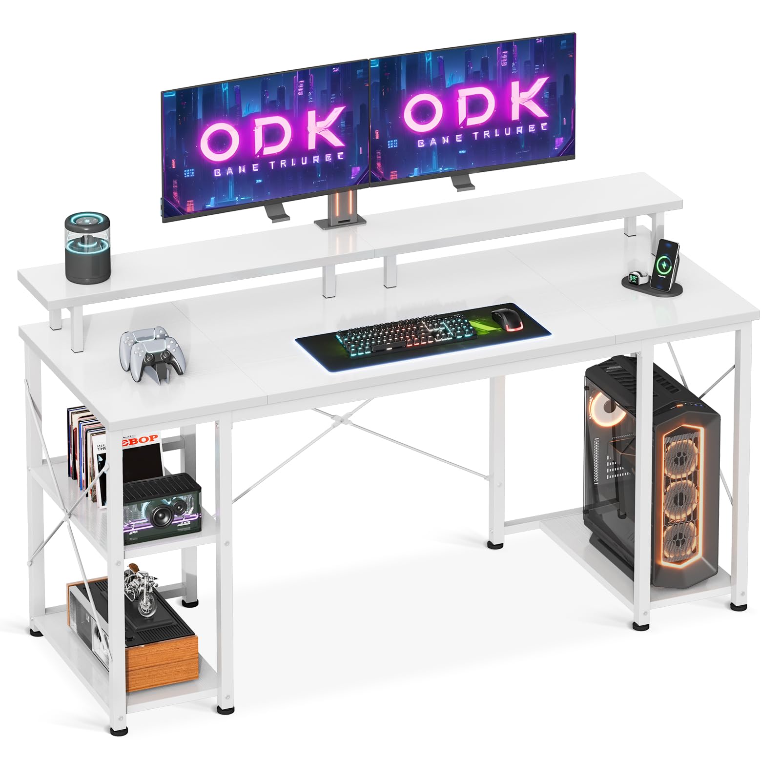 ODK Reversible Gaming Desk with Monitor Stand and Storage Shelf - 120x50x86.5cm White Computer Desk for Home Office, Bedroom, Study Room - Perfect for Work, Gaming, and Remote Learning