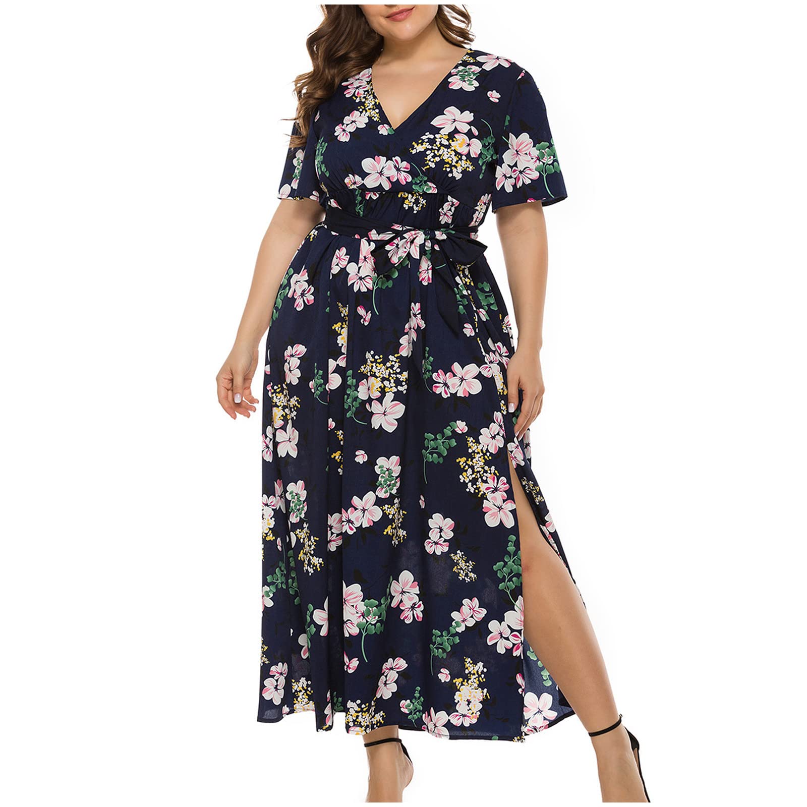 Boho Summer Dress for Women Plus Size - Sexy Wrap V-Neck Floral Print Maxi Long Dress with Belt | Perfect for Beach Vacations, Date Nights & Casual Outings