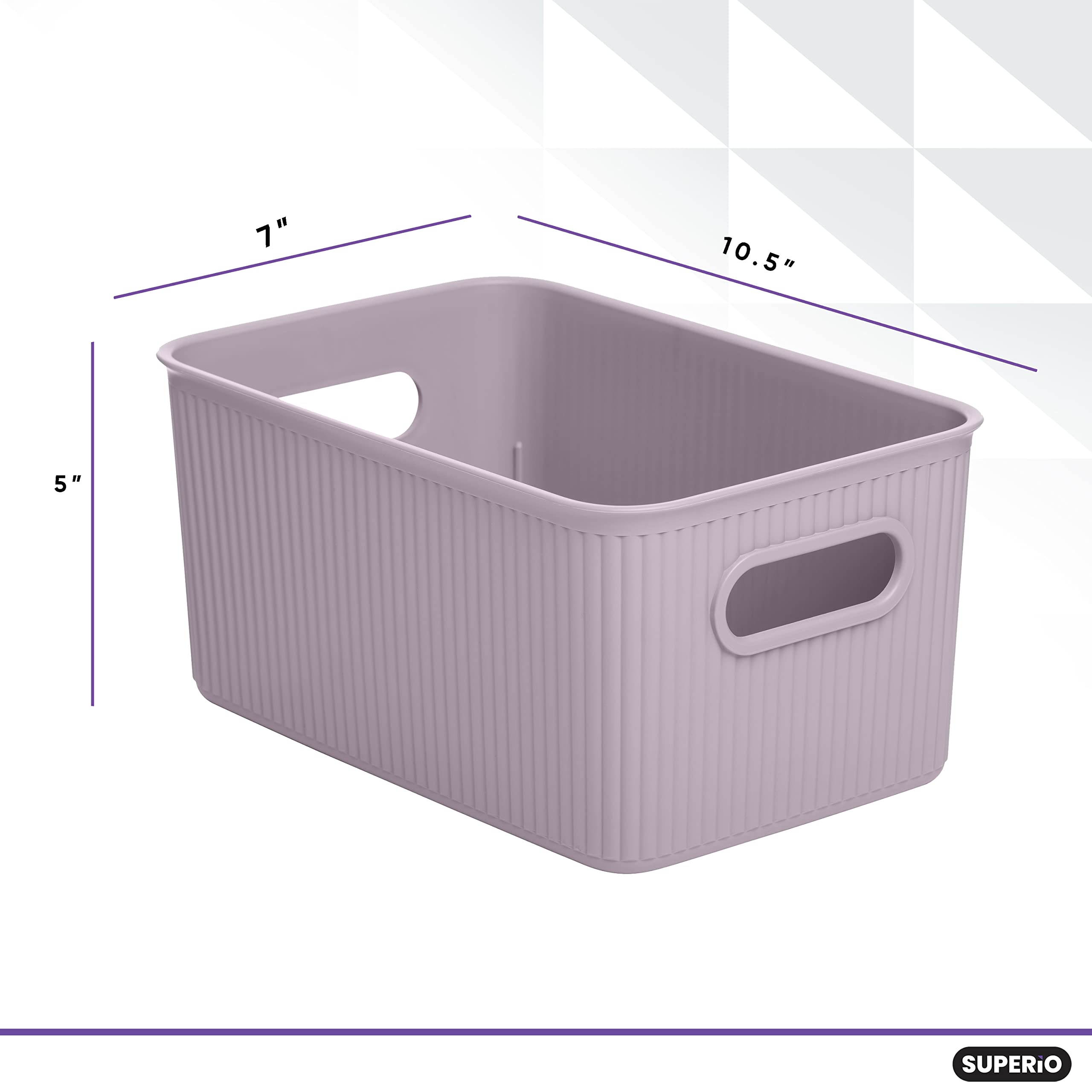 Superio Ribbed Collection - Decorative Plastic Lidded Storage Bins Organizer Baskets, Medium Lilac Purple (1 Pack - 5 Liter) Stackable Container Box for Closet, Shelf, Drawer Organization - Perfect for Bedroom, Bathroom & Office Storage Solutions