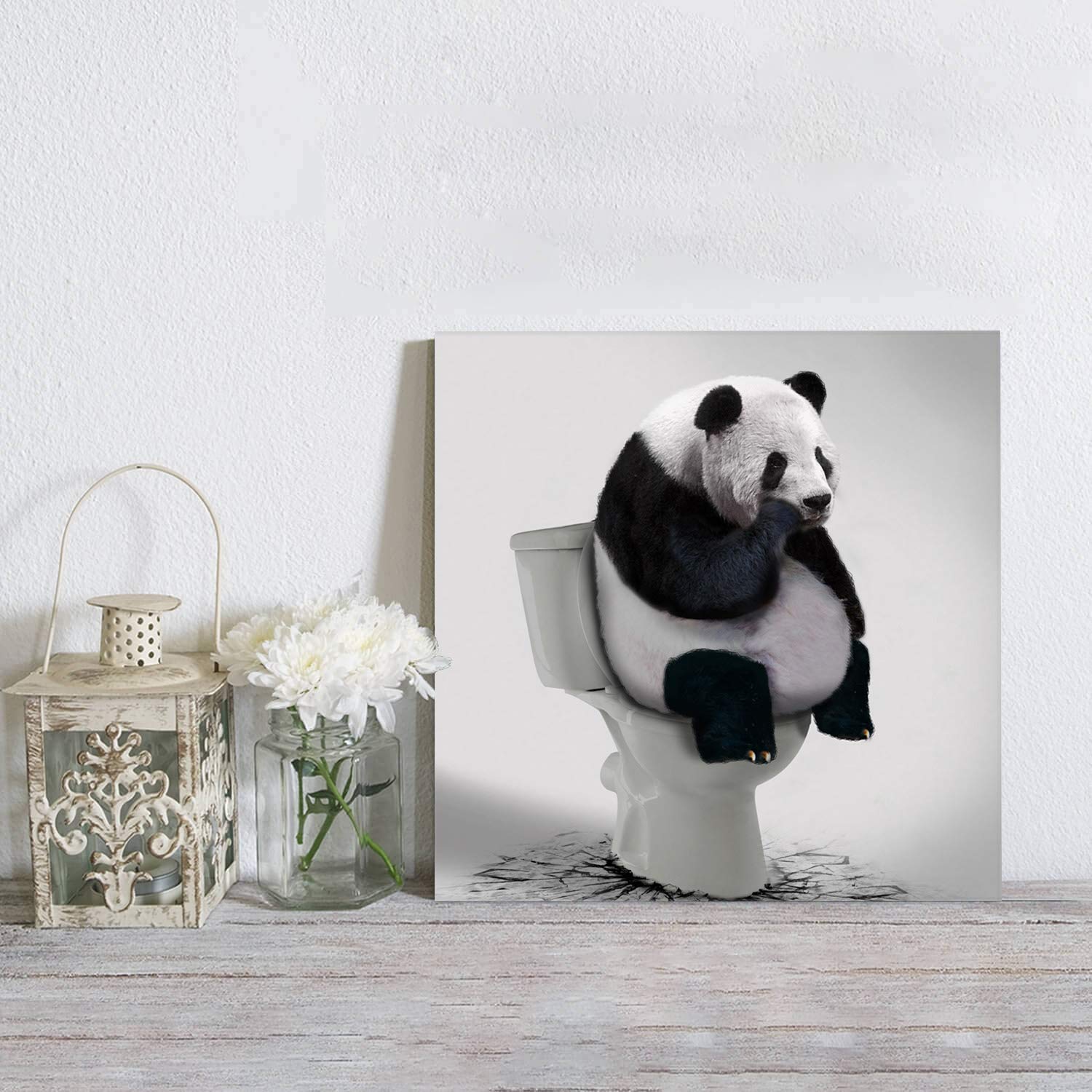 20x20 Inch Canvas Wall Art - Animal Oil Painting Prints, Wood Framed Gallery Artwork for Bathroom Decor - Panda Sitting on Toilet Meditating | Perfect for Home, Office & Spa Wall Decoration