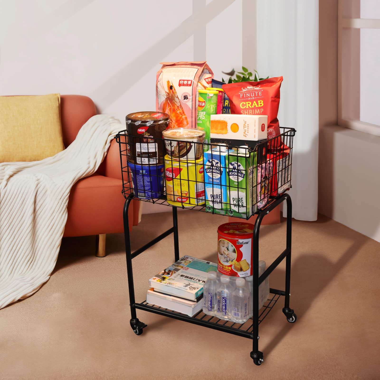 Foldable Rolling Laundry Basket with Wheels - Metal Laundry Cart for Clothes Storage, Room Organization & Garment Care - Perfect for Bedroom, Closet & Laundry Room (Black)