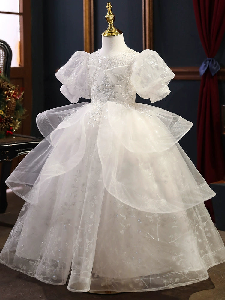White Princess Round Organza Flower Girl Dress for Weddings, Baptisms & Special Occasions - Elegant & Comfortable Formal Wear