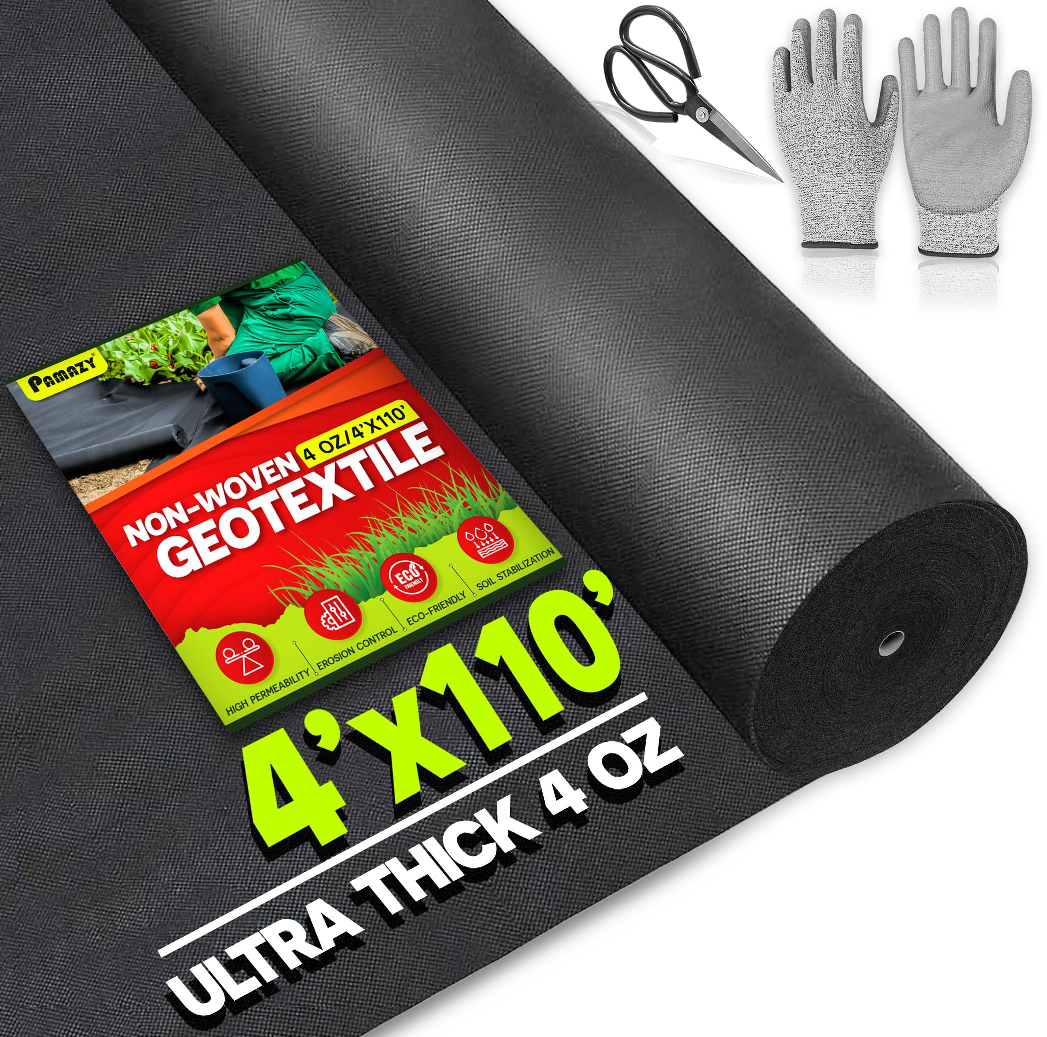 Premium 4oz 4ft x 110ft Non-Woven Geotextile Fabric with Free Gloves & Scissors - Heavy Duty Landscape Fabric for French Drains, Driveways, Weed Barrier, Construction Underlayment - Ideal for Landscaping Projects, Yard Drainage Solutions & Road Stabilization