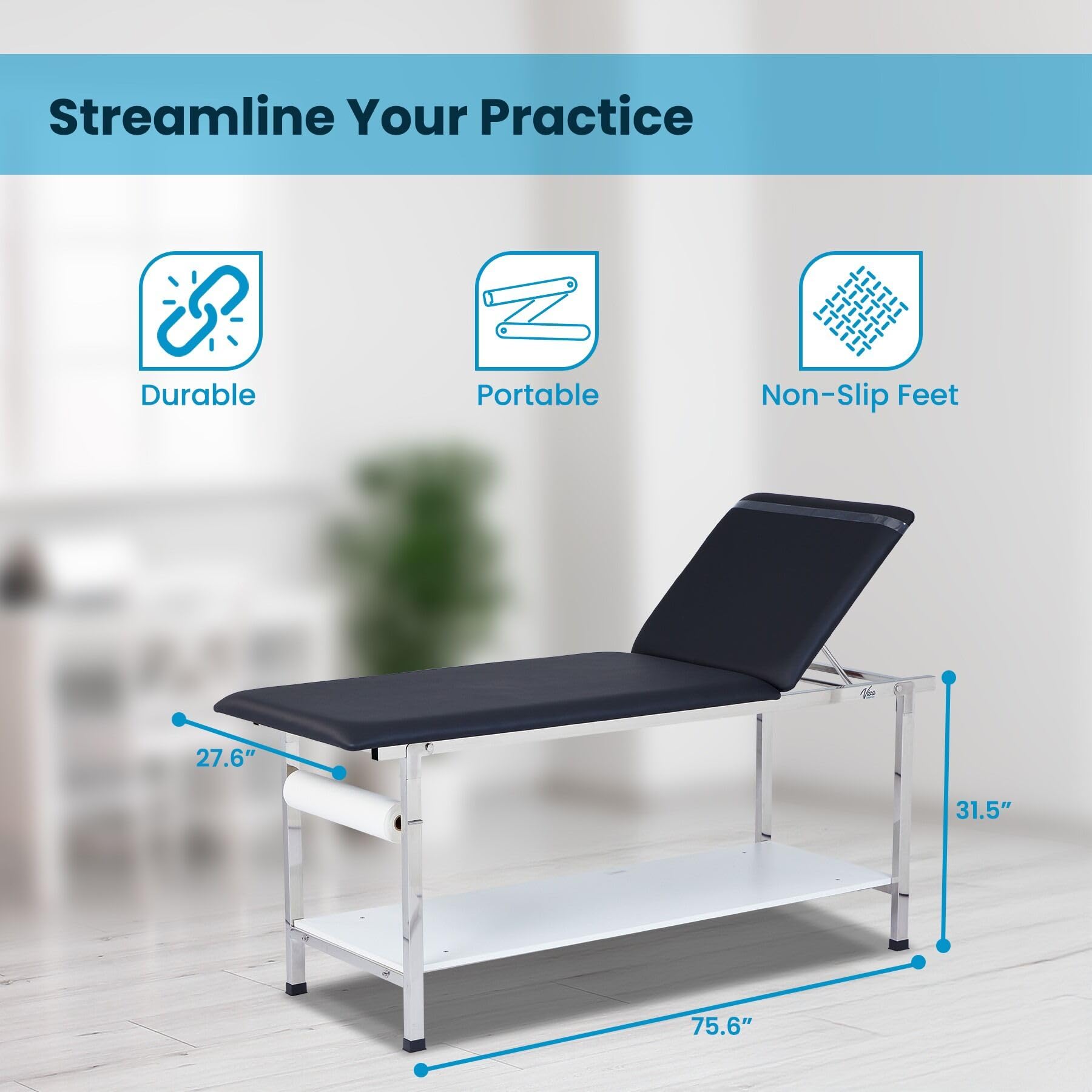 AdirMed VivaComfort Adjustable Medical Exam Table with Foldable Legs & Storage Shelf - Black - Perfect for Clinics, Hospitals & Home Health Care