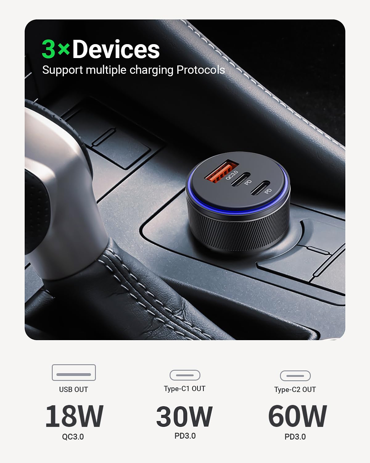 90W 3-Port Car Charger for iPhone 16/Pro Max - Fast USB-C Charging for Road Trips