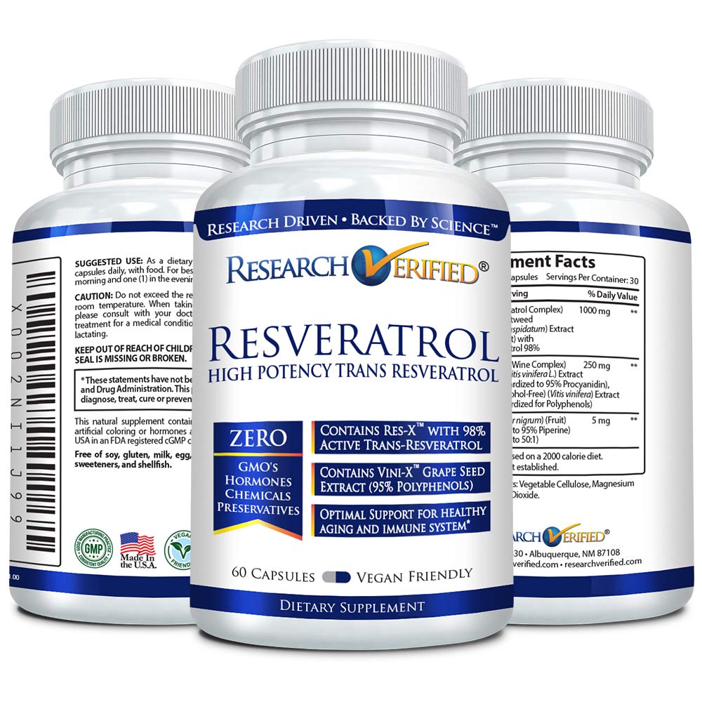 Research Verified Resveratrol 1000mg - 98% Pure Trans-Resveratrol Supplement for Anti-Aging & Cellular Health - 60 Capsules per Bottle (3-Pack) - Supports Heart Health, Longevity & Skin Radiance - Perfect for Daily Wellness Routine & Anti-Aging Regimen