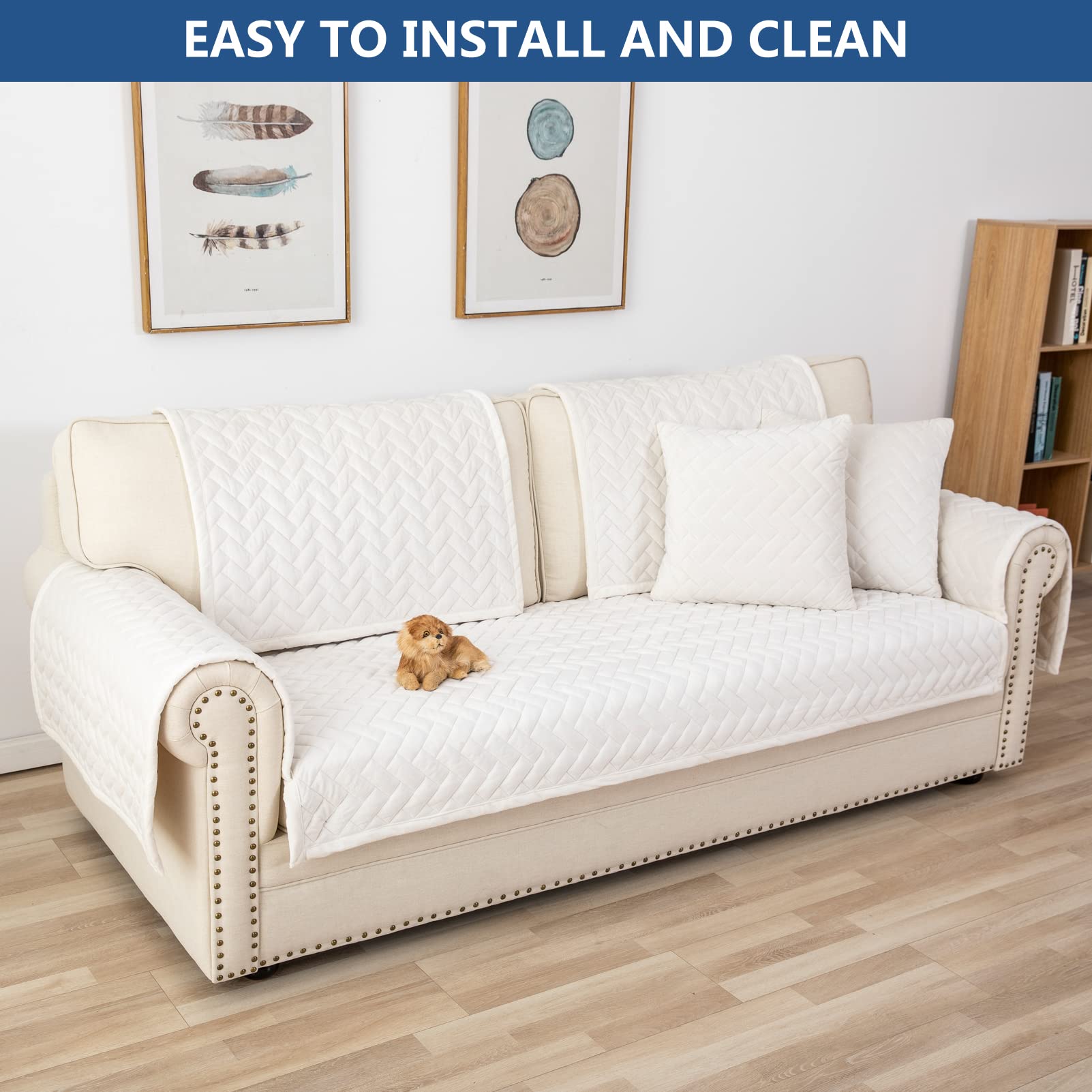 Eismodra 3 Cushion Couch Cover - Anti-Slip Sectional Sofa Slipcover for Pets & Kids - Fits L-Shaped Loveseat Recliner with Armrest & Backrest - White 43