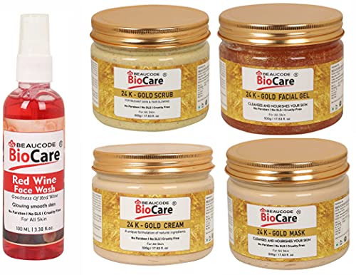 Beaucode Biocare 24K Gold Skin Glow Face & Body Cream Set - 500g Facial Kit with Red Wine Face Wash 100ml | Anti-Aging Moisturizer, Mask, Gel & Scrub | Paraben Free, Sulfate Free, Cruelty Free (Pack of 5) - Perfect for Spa Day, Skincare Routine & Gift Giving