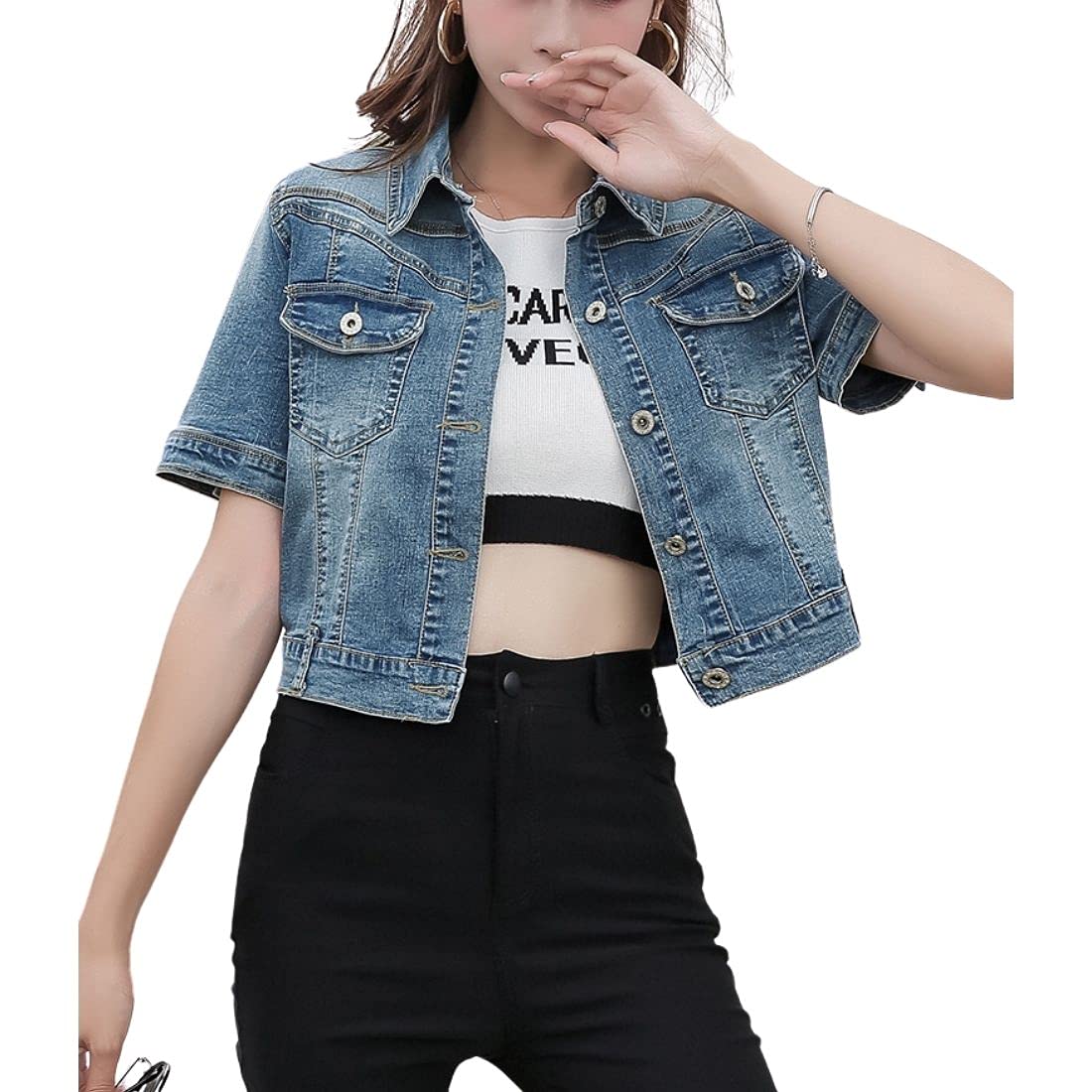 Women's Denim Crop Jacket - Short Sleeve Lapel Collar Button Front Jean Coat | Casual Spring Outfits, Streetwear & Date Night Fashion
