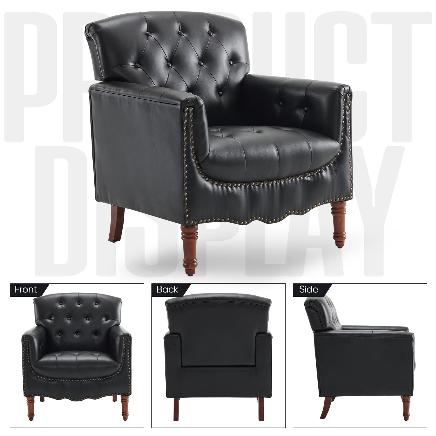 MOJAY Modern Accent Chair - Mid-Century Faux Leather Living Room Armchair with Thick Padded Cushion & Sturdy Wood Legs, Comfortable Lounge Sofa Club Chair for Bedroom, Home Office, Reading Nook (Black) - Perfect for Relaxing, Entertaining & Small Space Decor