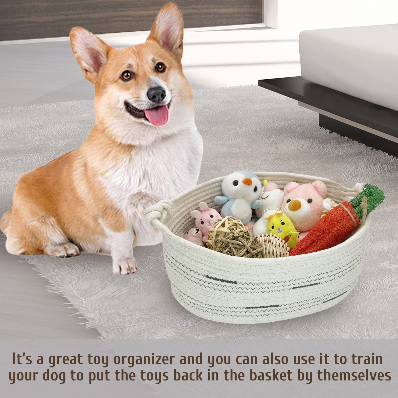 Cotton Rope Dog Toy Basket with Handle - Pet Storage Bin for Toys & Blankets - Beige