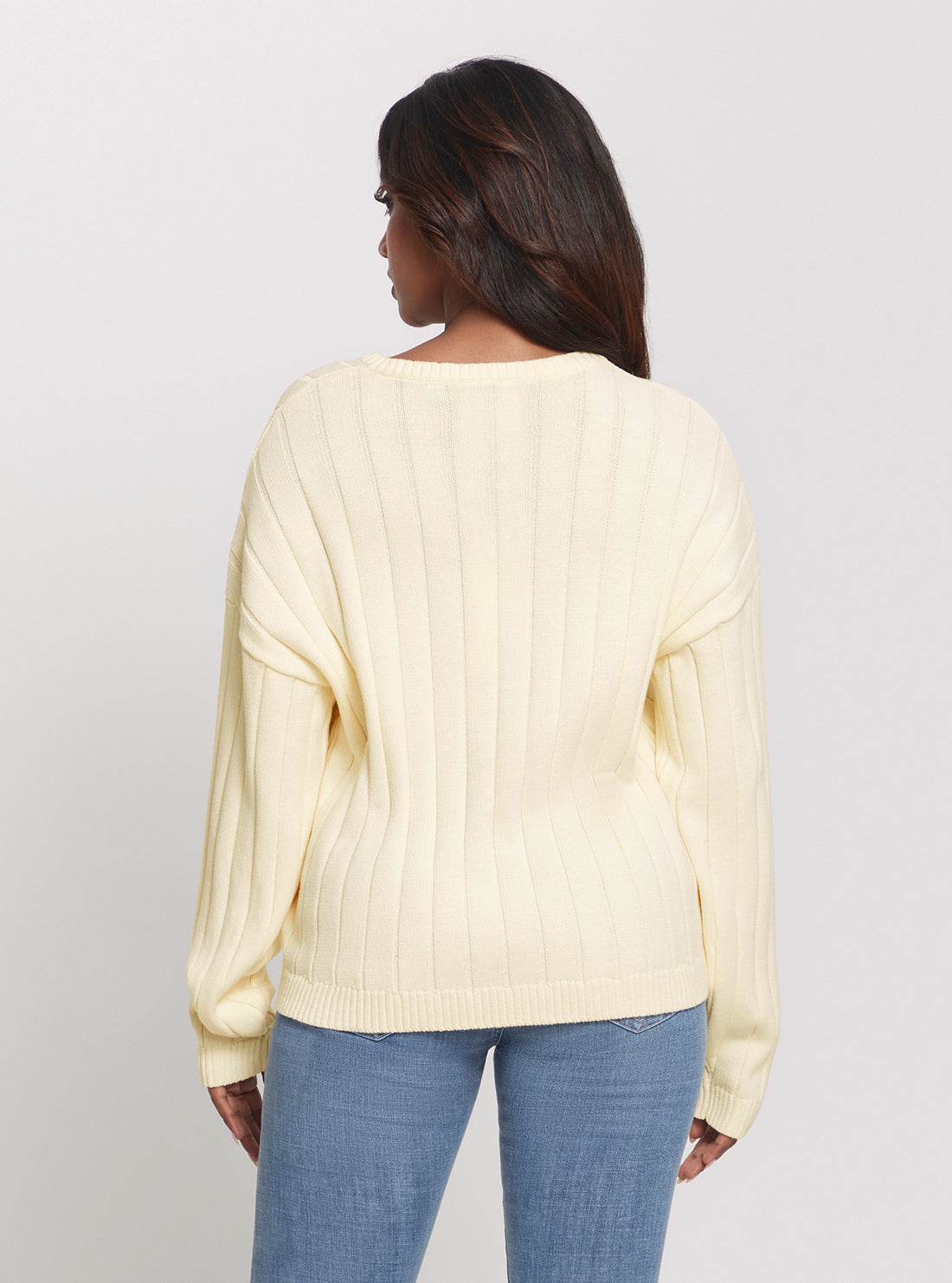 Guess Originals Cream V-Neck Sweater for Women - Soft & Comfortable Knit Pullover - Perfect for Casual Outfits, Office Wear & Fall Layering
