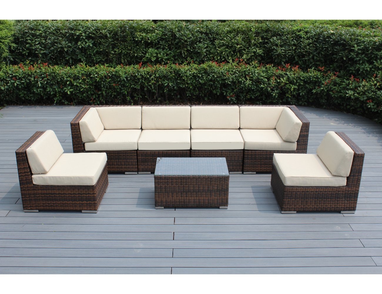 Ohana 7-Piece Outdoor Patio Furniture Sectional Conversation Set - Mixed Brown Wicker with Beige Cushions, No Assembly Required with Free Patio Cover - Perfect for Backyard, Garden, Poolside & Patio Relaxation