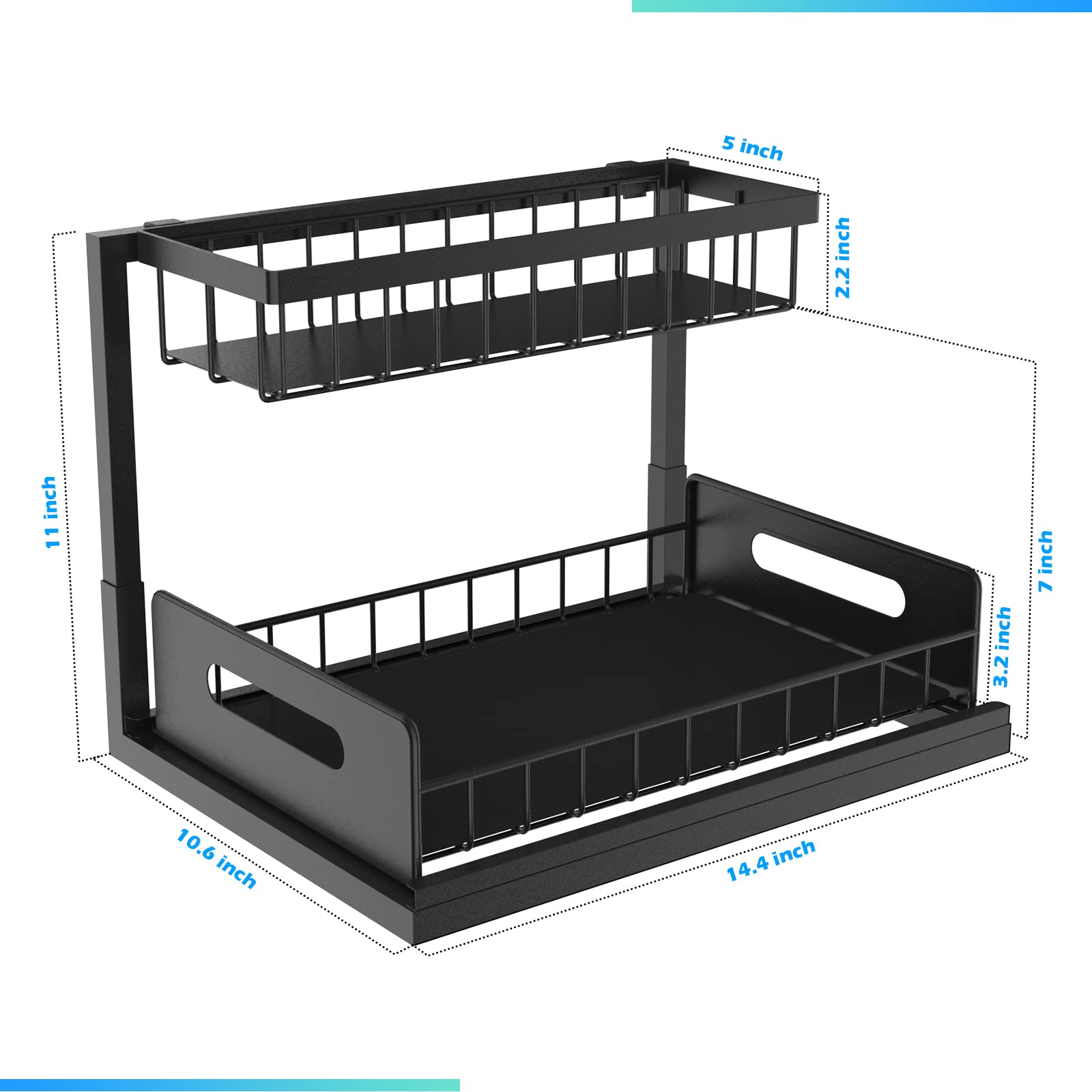 Under Sink Organizer with Sliding Drawer - 2 Tier Pull Out Cabinet Shelf for Kitchen & Bathroom Storage - Black Space Saving Solution (10.4