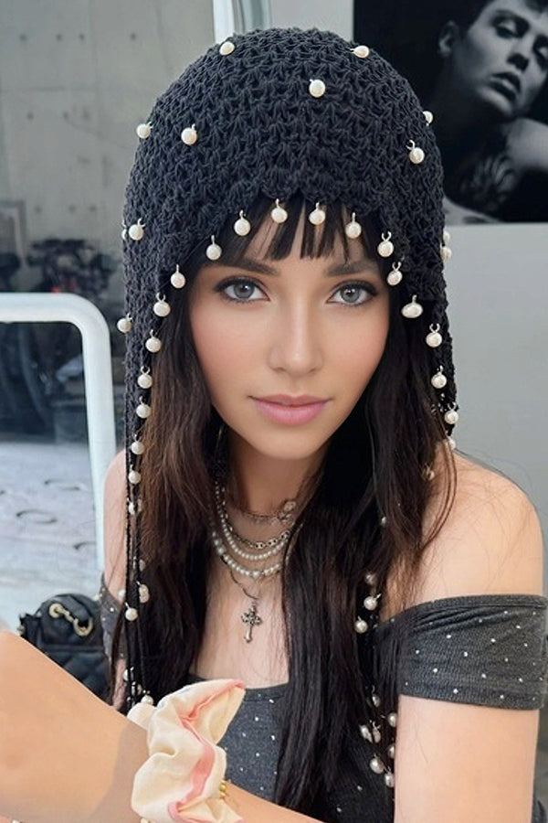 Stylish Solid Pearl Embellished Hollow Knit Winter Hat for Women - Perfect for Cold Weather, Outdoor Activities & Fashion Accessories