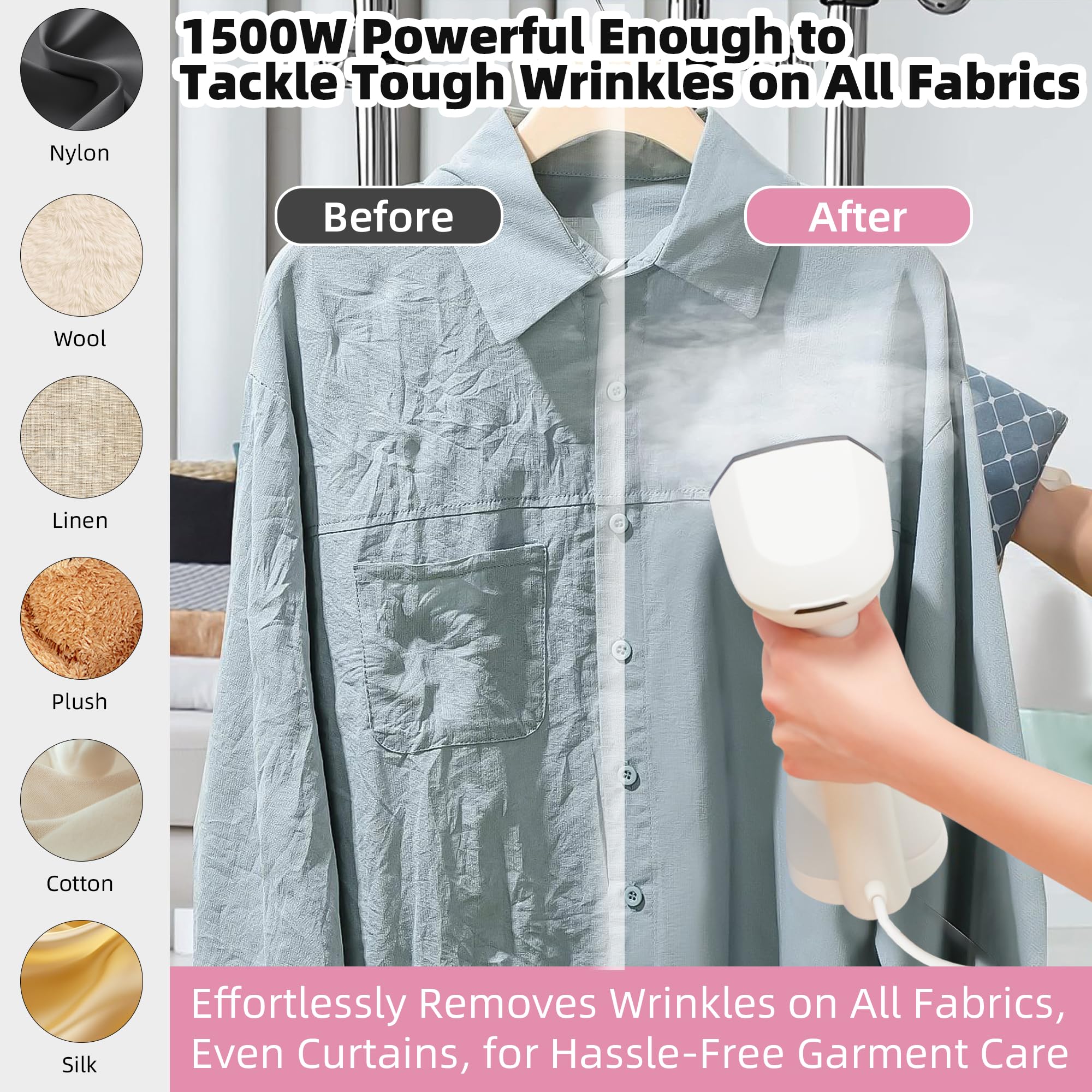1500W Handheld Clothes Steamer - Portable Mini Garment Steamer with Fast 15-Second Heat Up & No Leak - Perfect for Home, Office & Travel (110/120V) - Quickly Remove Wrinkles from Shirts, Dresses & Suits for Professional Look