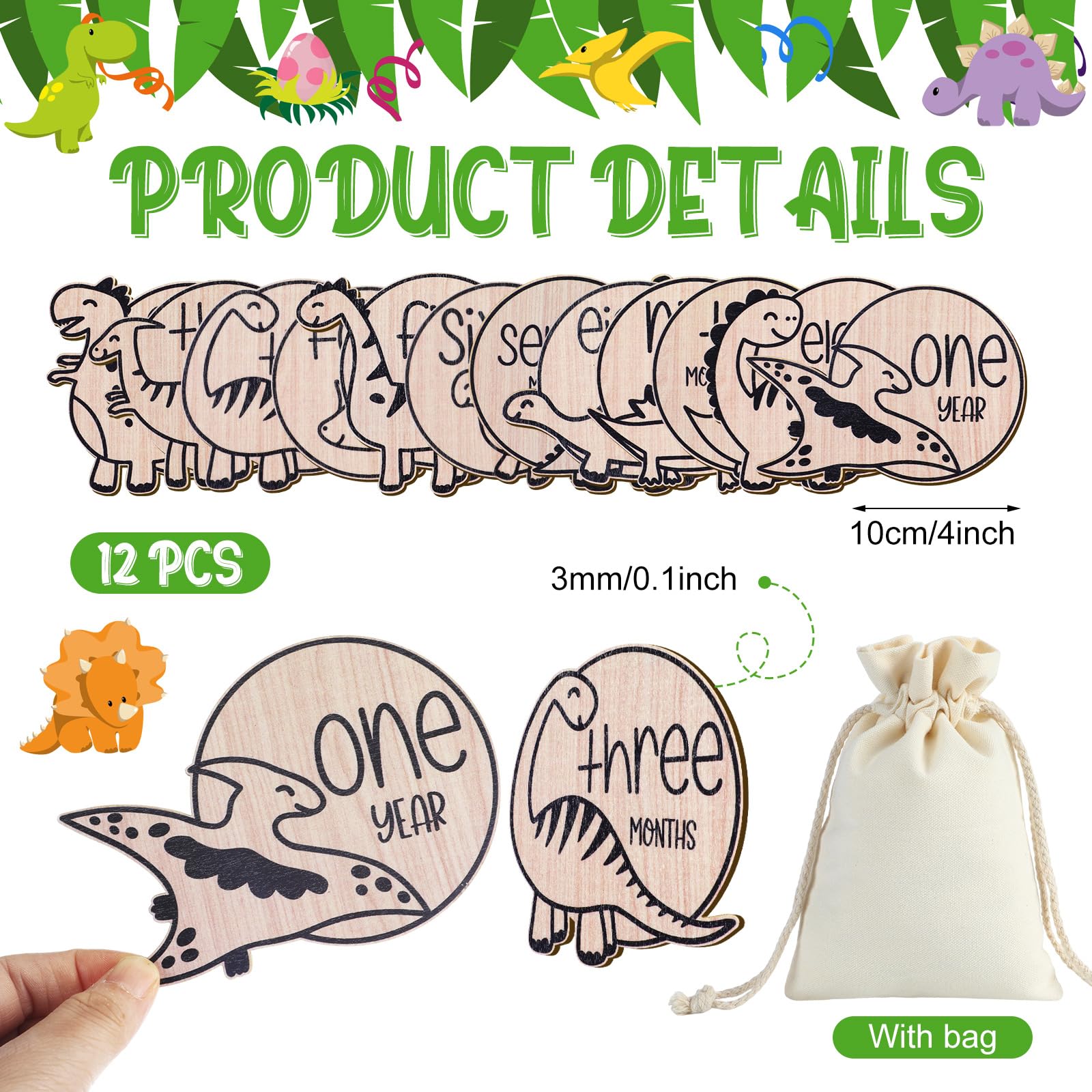 Wesiti 12 Pcs Wooden Baby Milestone Cards with Linen Bag - Monthly Growth Tracker Discs for Newborn Photography, Pregnancy Announcement & Baby Shower Gifts (Dinosaur Theme) - Perfect for Capturing Precious Moments & Creating Lasting Memories