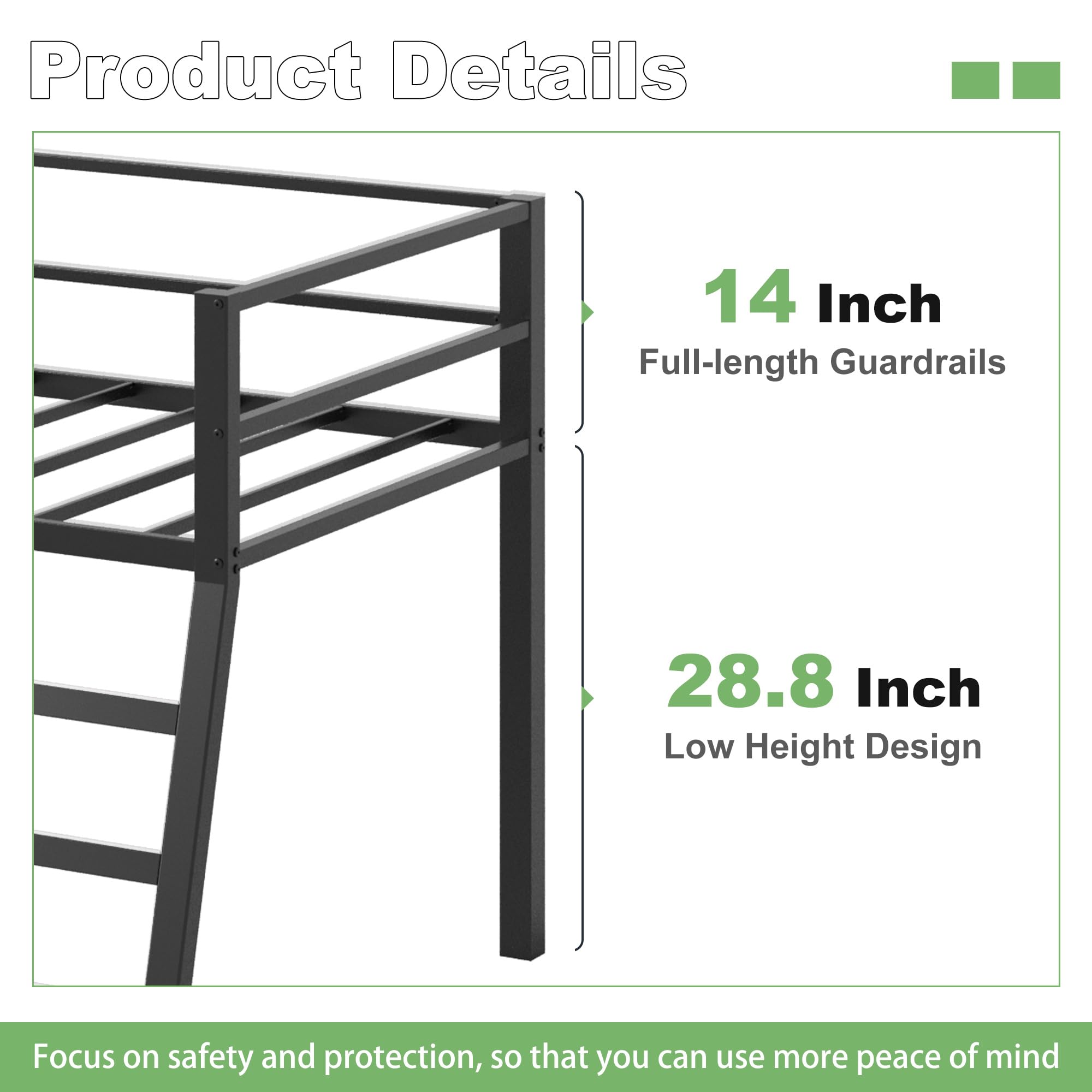 Low Loft Bed Twin Size - Sturdy Metal Junior Loft Bed with Stairs & Safety Rail | Quiet Design for Small Bedrooms | Black | Perfect for Kids' Rooms, Dorms & Space-Saving Bedroom Solutions