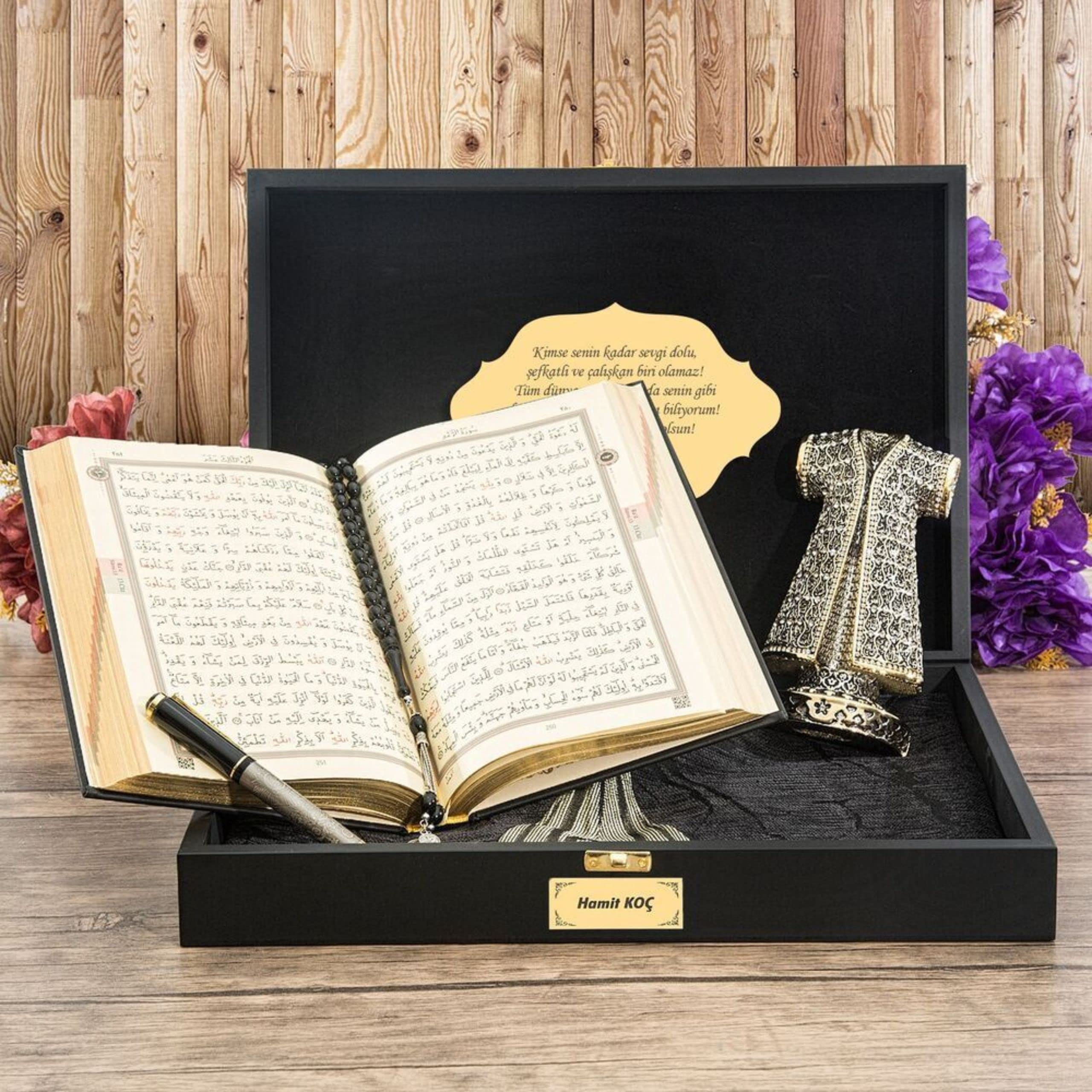 Premium Islamic Gift Set for Men - Quran, Figurine, Tasbih, Prayer Rug & Pen in Engraved Wooden Box | Muslim Birthday, Wedding, Graduation Gift Idea | Eid & Ramadan Present for Him | Perfect for Daily Prayers, Home Decor & Special Occasions