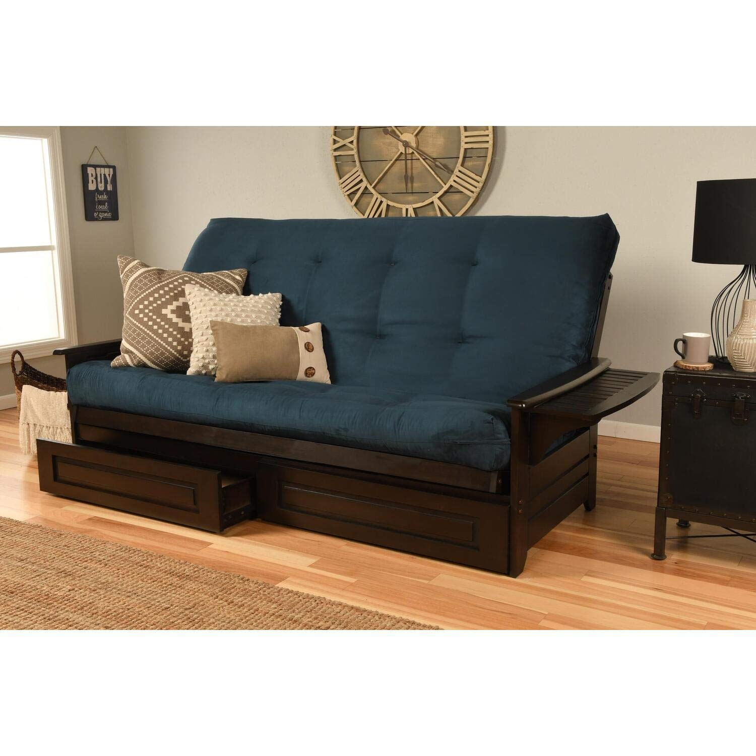 Kodiak Furniture Phoenix Queen Size Futon Sofa Bed with Soft Suede Fabric Mattress in Espresso & Blue - Perfect for Small Spaces, Guest Rooms & Dorm Rooms