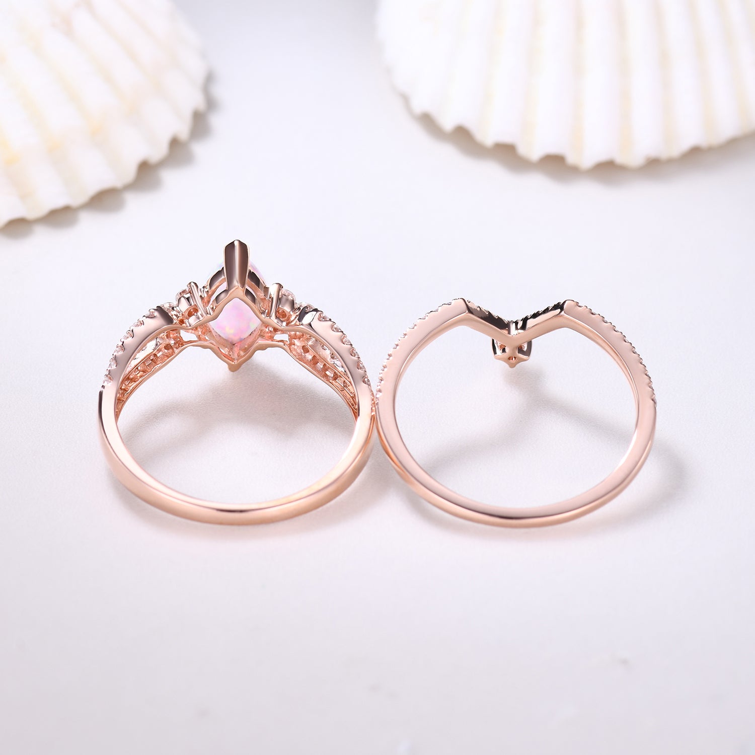 Vintage Marquise Opal Engagement Ring Set - 14K Rose Gold Curved V Moissanite Wedding Band for Women, Unique Vintage Style Jewelry Gift for Brides, Anniversaries & Special Occasions
