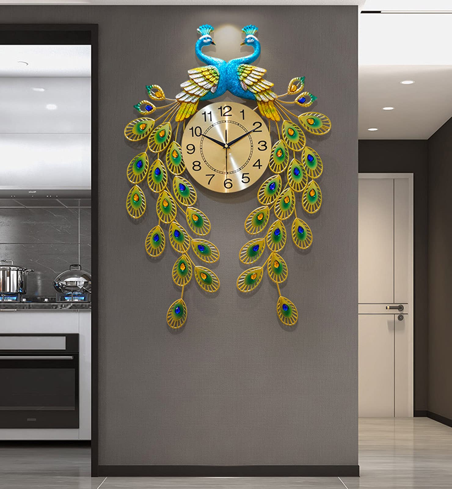 Tayer Large Crystal Peacock Wall Clock - Modern Silent Metal Wall Watch for Living Room, Bedroom & Kitchen Decor (72x50cm) | Perfect for Home, Office, Halloween & Gift Giving