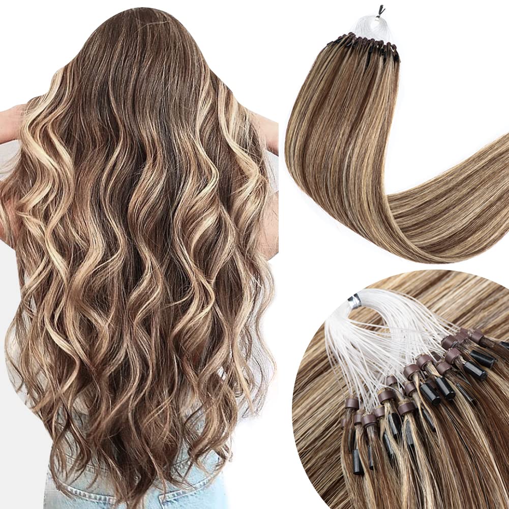 Senmy 18-Inch Micro Link Hair Extensions - 100% Human Hair with Brown & Blonde Highlights, 0.5g/Strand, 50g/Pack, Invisible Beaded Extensions for Natural Volume & Length - Perfect for Weddings, Parties & Daily Styling