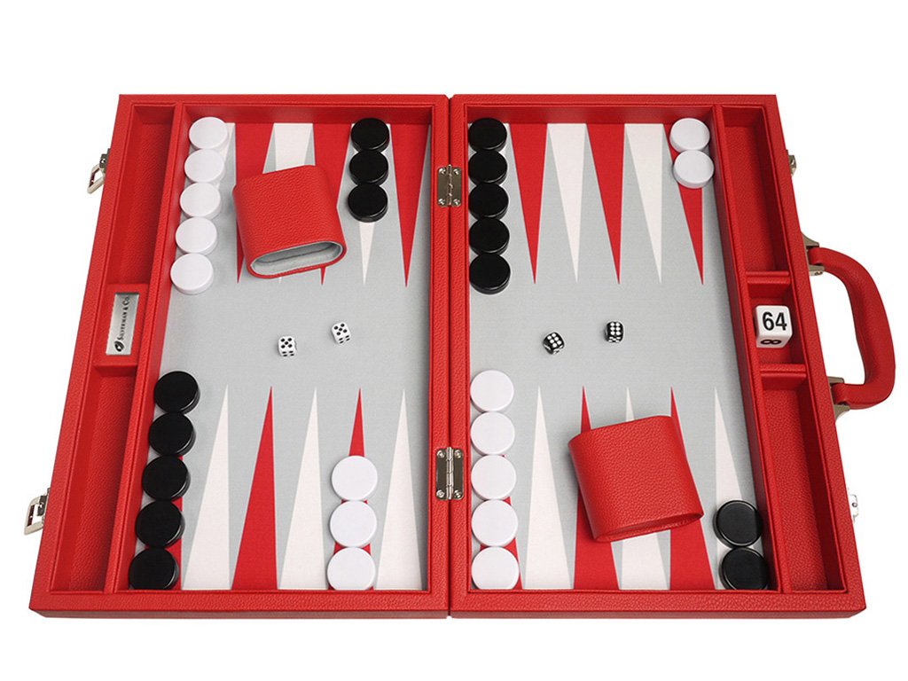 Premium 16-inch Backgammon Set with Red Wooden Board, Grey Playing Field & White/Red Points - Classic Board Game for Family Game Nights, Travel & Casino-Style Entertainment