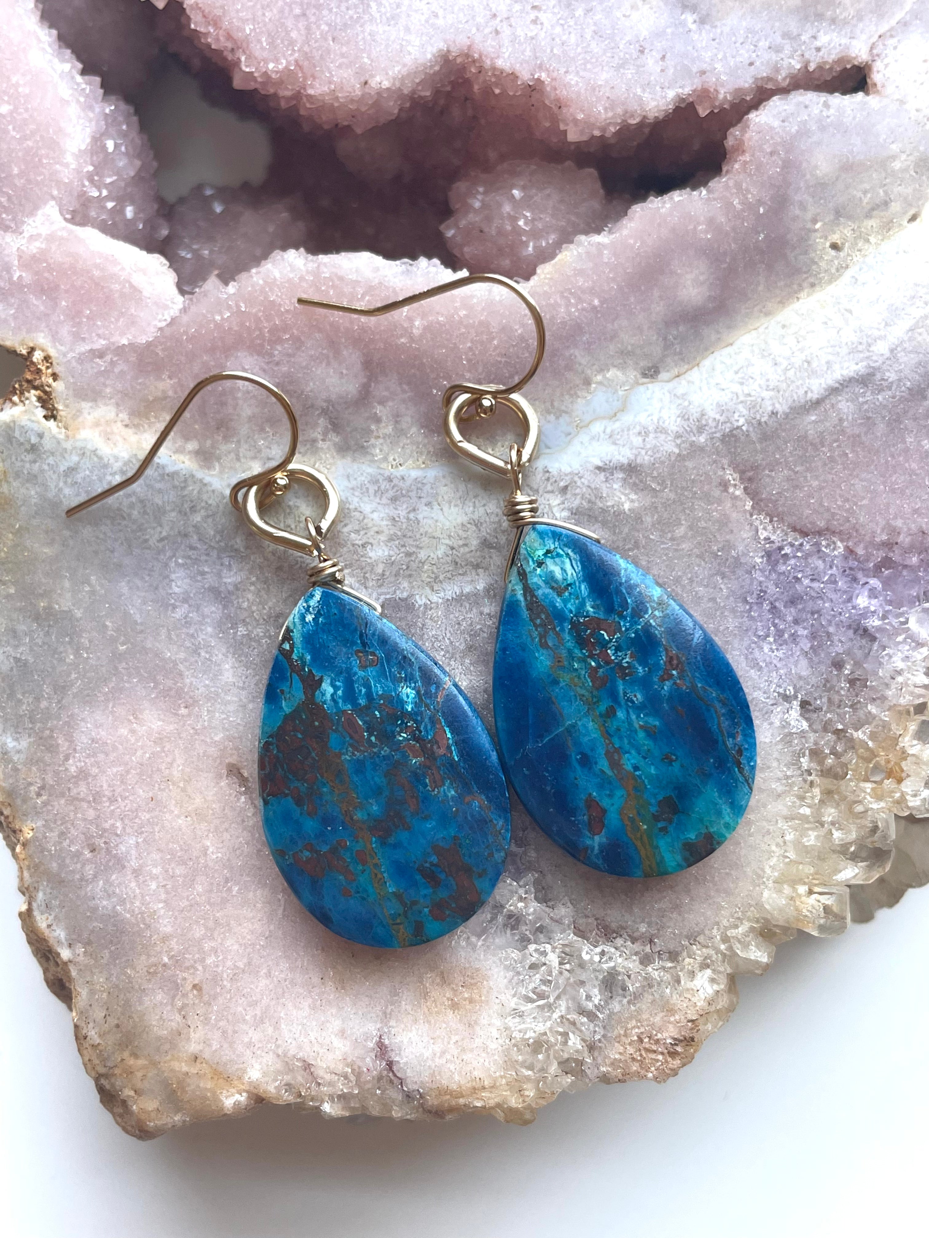 Large Chrysocolla Gold Filled Statement Crystal Gemstone Earrings for Women | Elegant Bohemian Jewelry for Parties, Weddings & Special Occasions