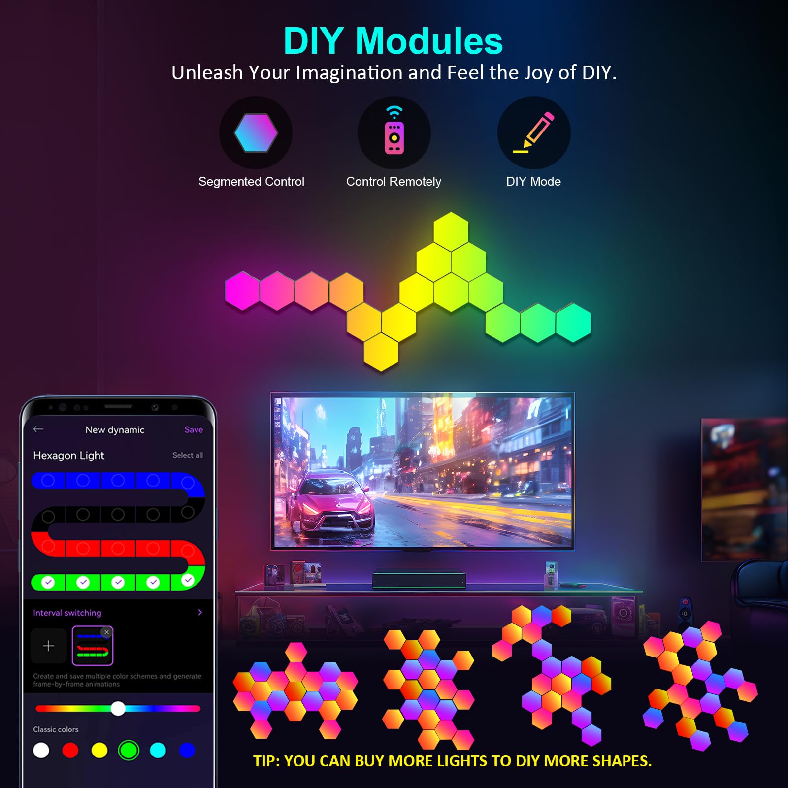 12 Pack Smart RGB Hexagon LED Light Panels - APP & Remote Control, Music Sync Wall Lights for Gaming, Living Room, Bedroom Decor | Cool Ambient Lighting for Adults & Kids | Perfect for Parties, Gaming Setup & Home Decoration
