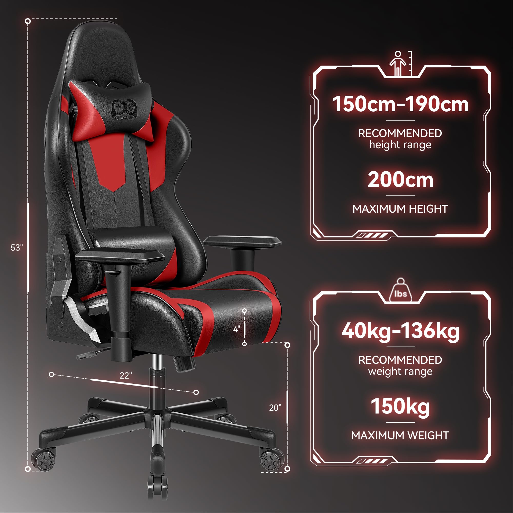 OneGame Ergonomic Gaming Chair - High Back PU Leather Office Chair with 155° Adjustable Recline, Lumbar Support & Swivel Base (Black/Red) - Perfect for PC Gaming, Home Office & Workstations